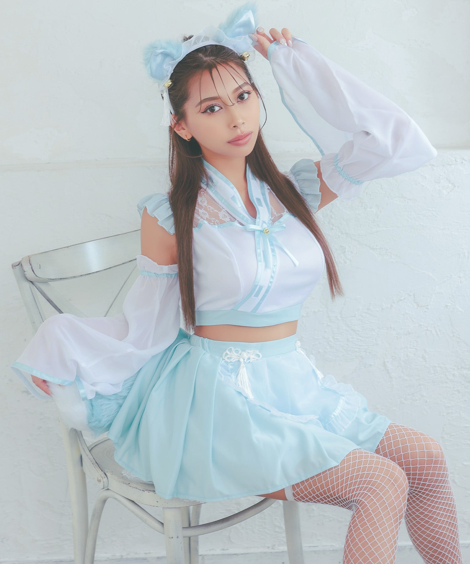 ティカ Tika ハロウィン  メイドデザインプリーツフレアスカート和装巫女狐ガールアニマル [5点セット] 【返品不可商品】,ホワイト×ライトブルー