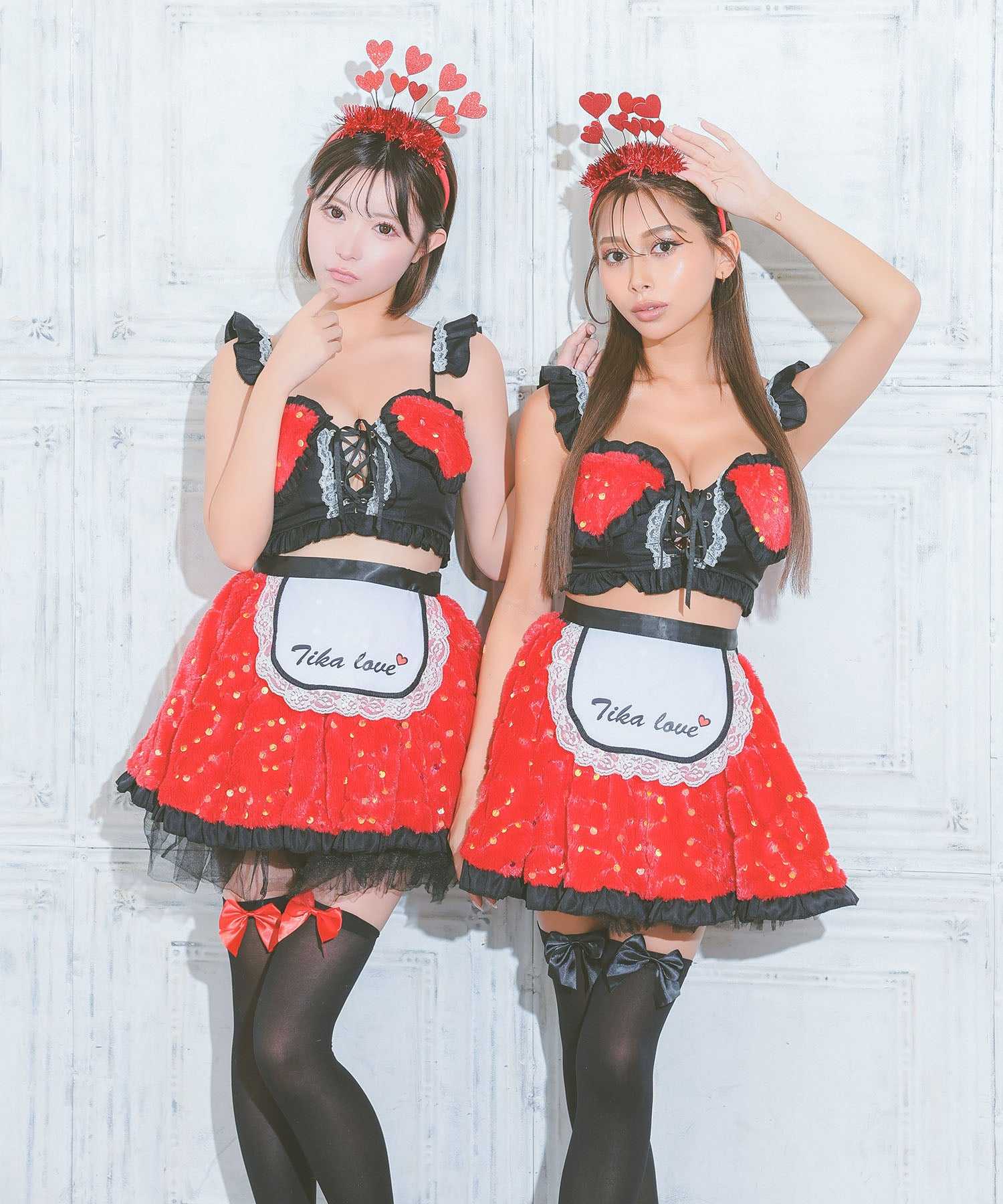 ティカ Tika ハロウィン  コスプレキラキラスパンコール付きもこもこレースアップへそ出し個性フレアスカートセクシーメイド [4点セット] 【返品不可商品】