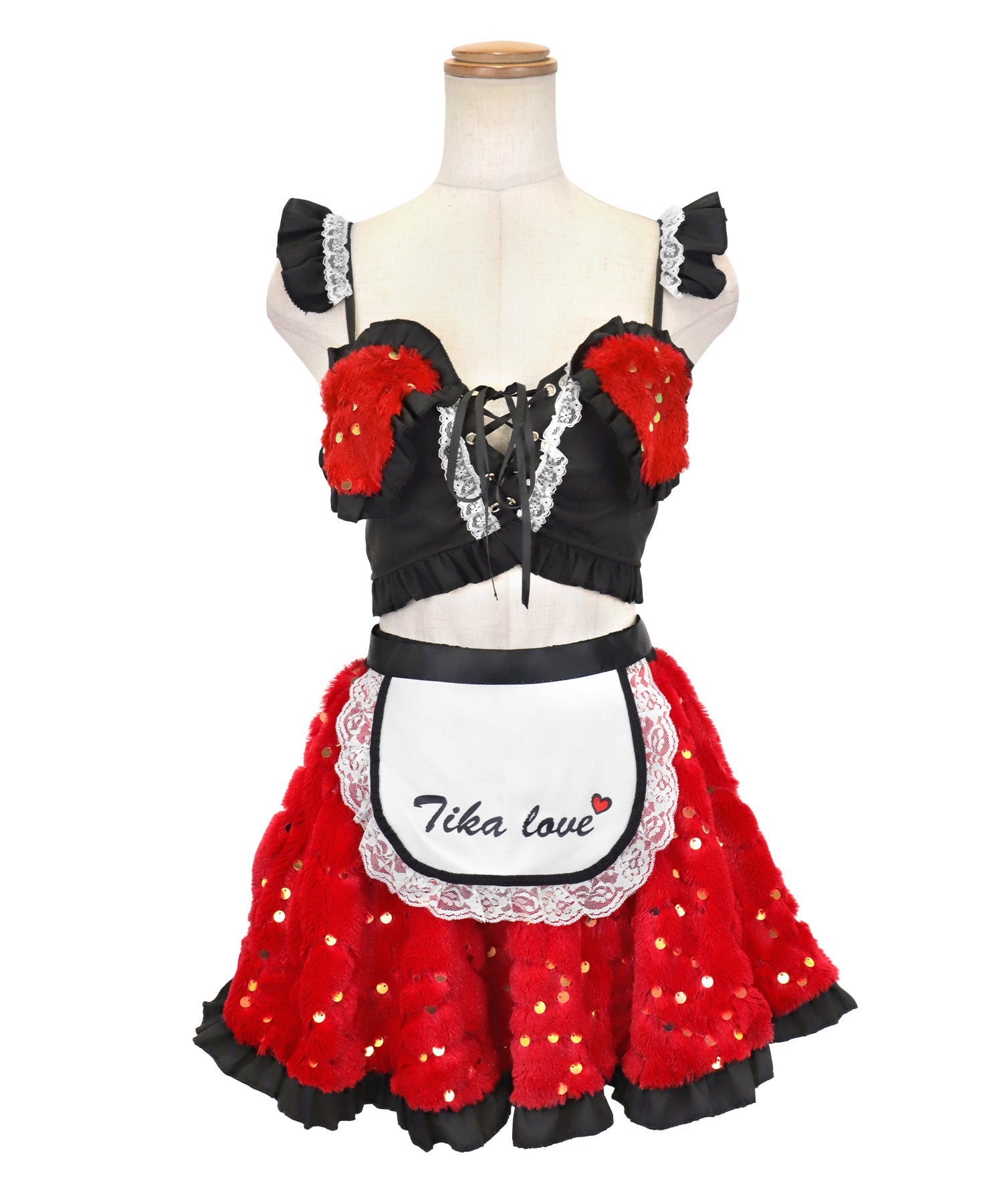 ティカ Tika ハロウィン  コスプレキラキラスパンコール付きもこもこレースアップへそ出し個性フレアスカートセクシーメイド [4点セット] 【返品不可商品】