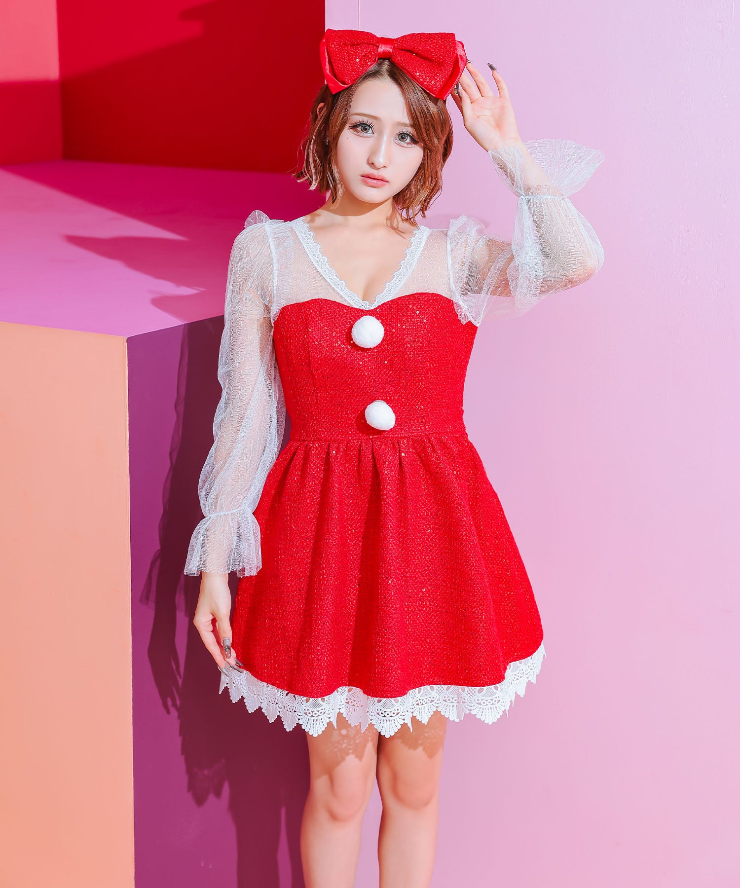 ティカ Tika サンタコス 2点set 袖ありシアーレースパフスリーブツイードスパンコールフレアスカートガーリー王道サンタツインコスプレ,レッド