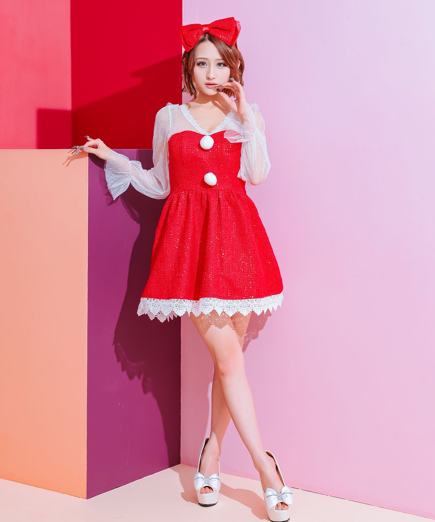 ティカ Tika サンタコス 2点set 袖ありシアーレースパフスリーブツイードスパンコールフレアスカートガーリー王道サンタツインコスプレ