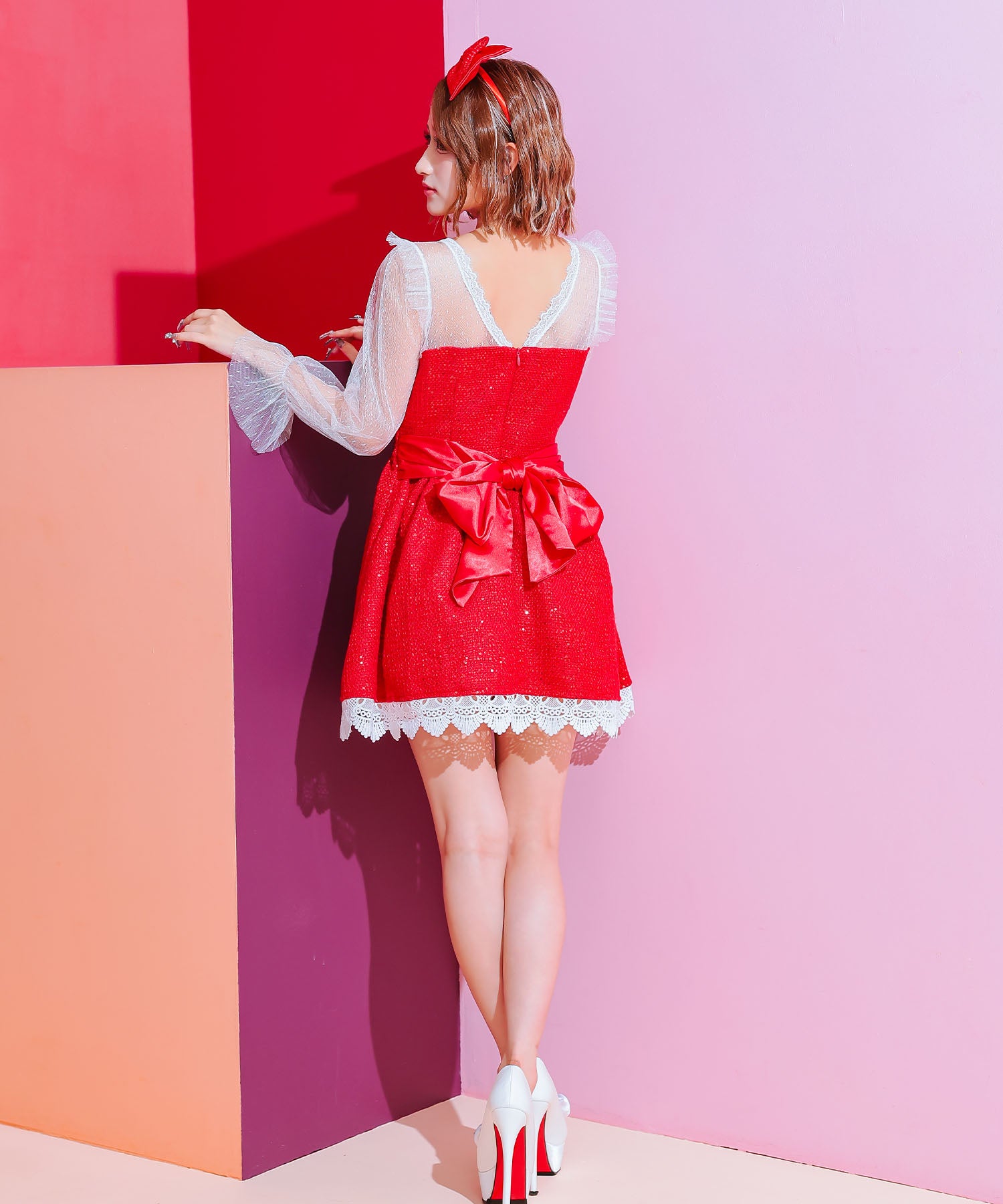 ティカ Tika サンタコス 2点set 袖ありシアーレースパフスリーブツイードスパンコールフレアスカートガーリー王道サンタツインコスプレ