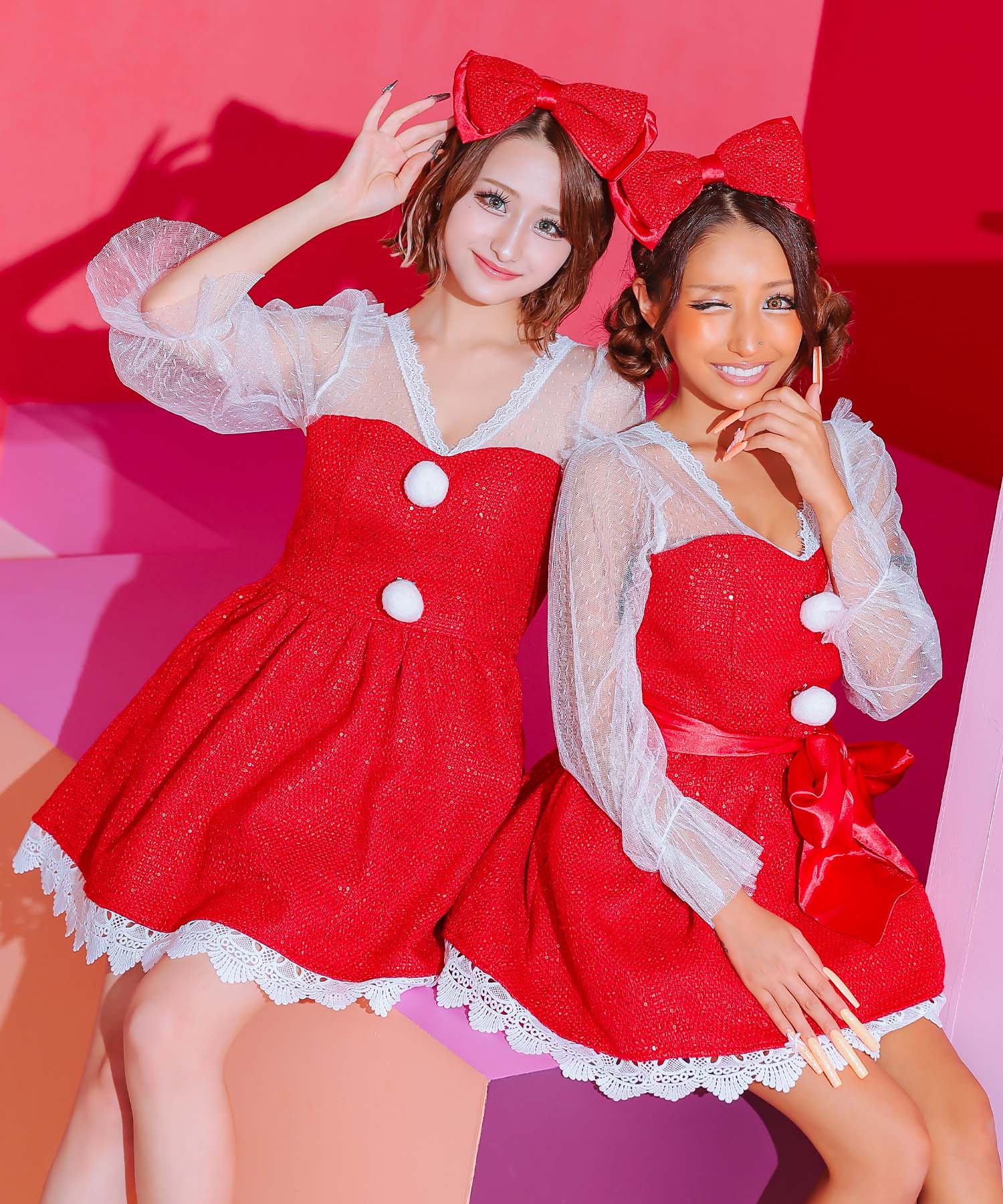 ティカ Tika サンタコス 2点set 袖ありシアーレースパフスリーブツイードスパンコールフレアスカートガーリー王道サンタツインコスプレ