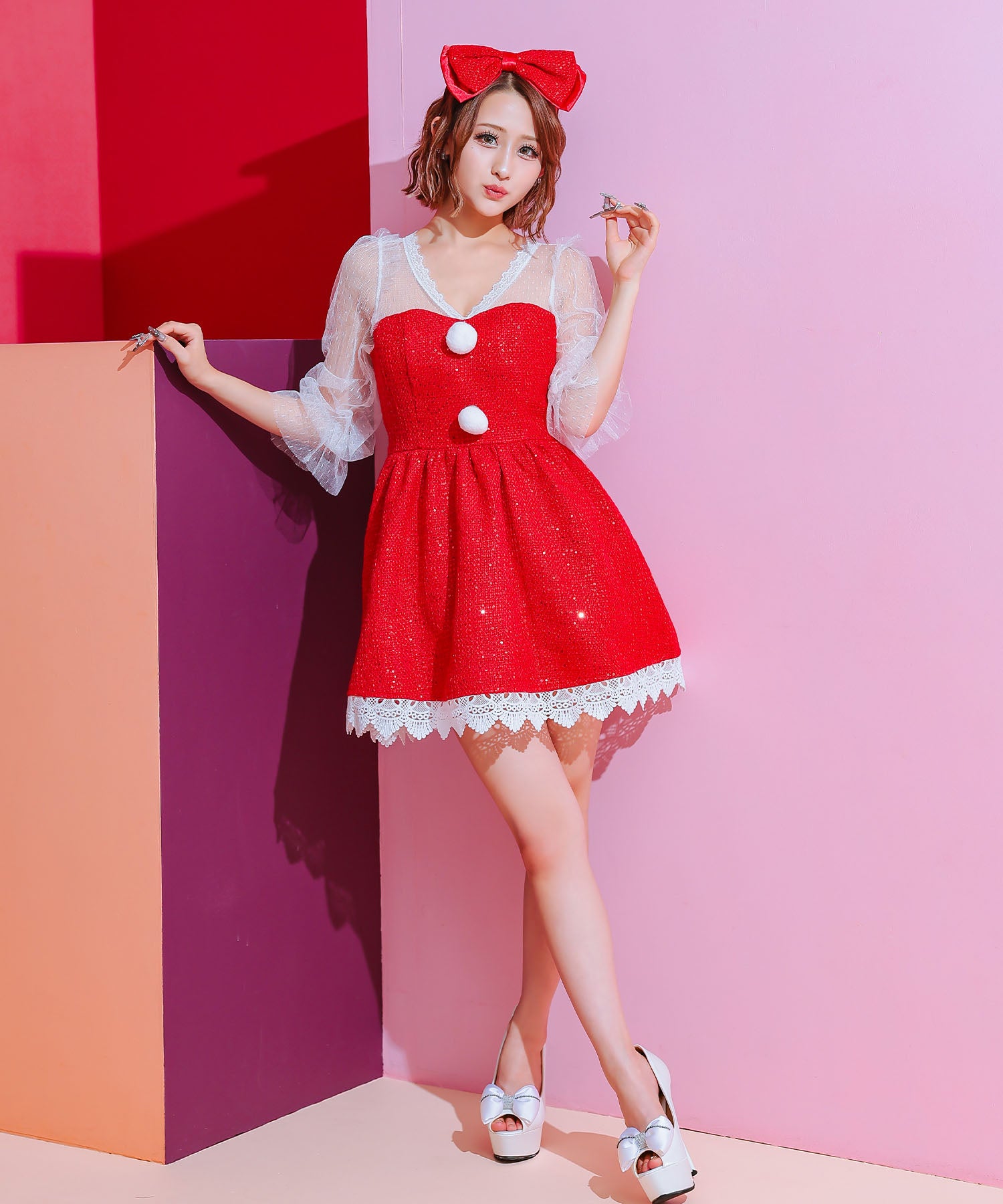 ティカ Tika サンタコス 2点set 袖ありシアーレースパフスリーブツイードスパンコールフレアスカートガーリー王道サンタツインコスプレ