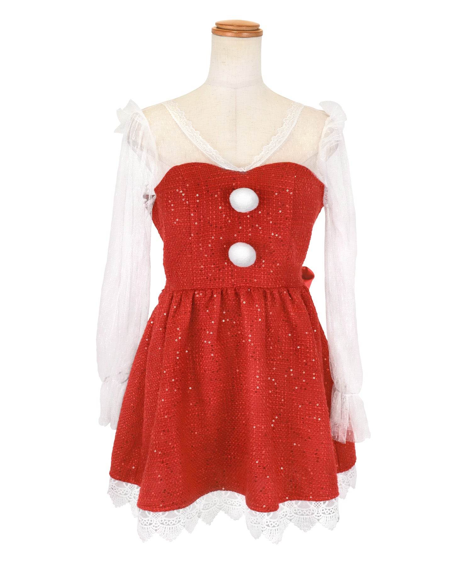 ティカ Tika サンタコス 2点set 袖ありシアーレースパフスリーブツイードスパンコールフレアスカートガーリー王道サンタツインコスプレ