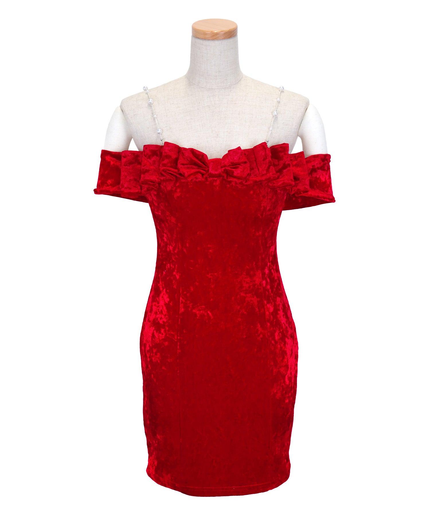 ティカ Tika サンタコス 4点set パールキャミデコルテリボンオフショルガーリーツインタイトベロアサンタコスプレドレス [ストラップ+ワンピース+シュシュリボン+グローブ]