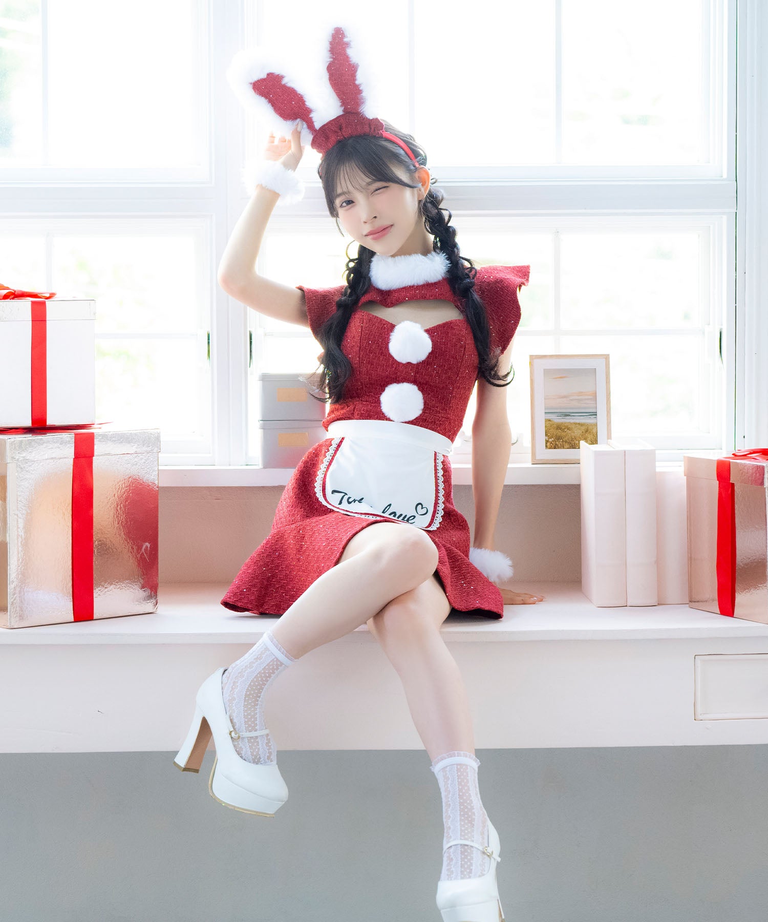 ティカ Tika サンタコス 4点set デコルテカットフリルスリーブツイードフレアスカートガーリーバニーメイドアニマルサンタコスプレ【返品不可商品】
