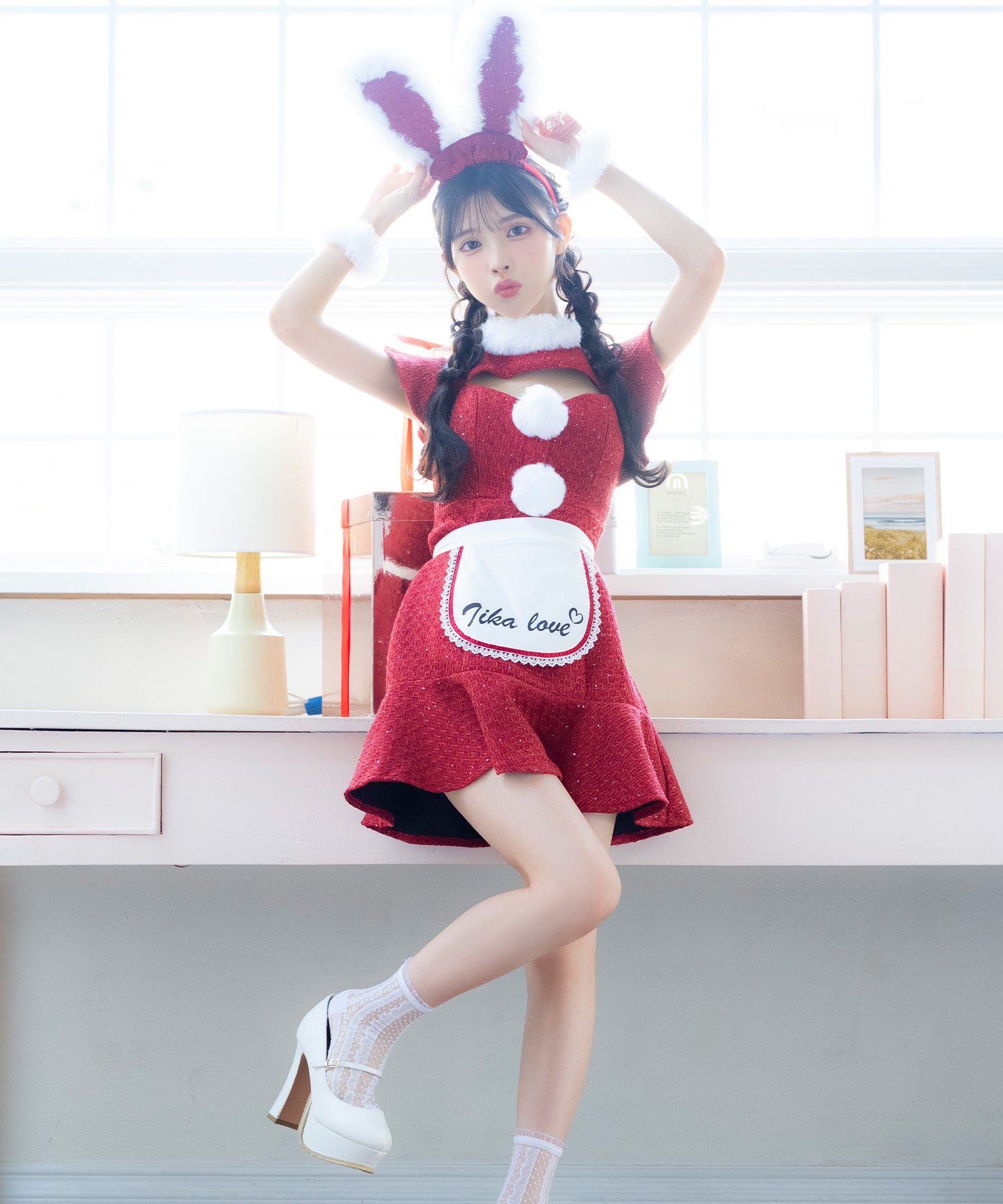ティカ Tika サンタコス 4点set デコルテカットフリルスリーブツイードフレアスカートガーリーバニーメイドアニマルサンタコスプレ【返品不可商品】