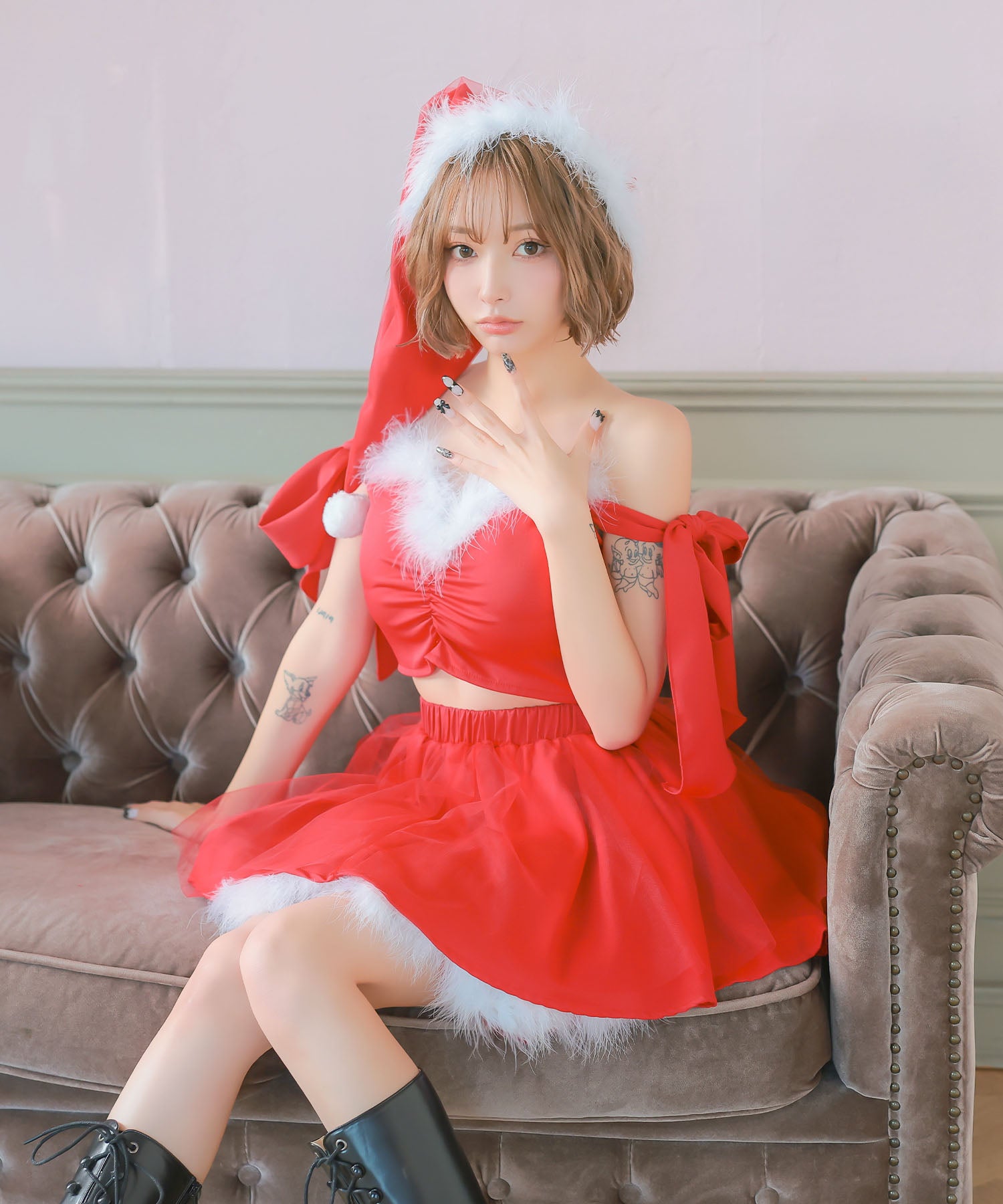 ティカ Tika サンタコス 3点set オフショルリボントップス×ボリュームシフォンフレアスカートガーリーサンタコスプレドレス【返品不可商品】