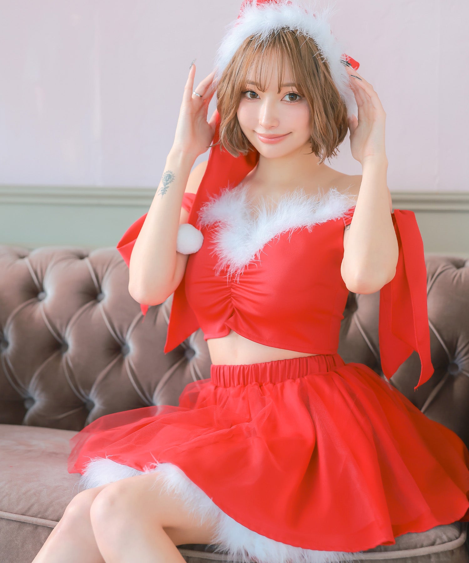 ティカ Tika サンタコス 3点set オフショルリボントップス×ボリュームシフォンフレアスカートガーリーサンタコスプレドレス【返品不可商品】