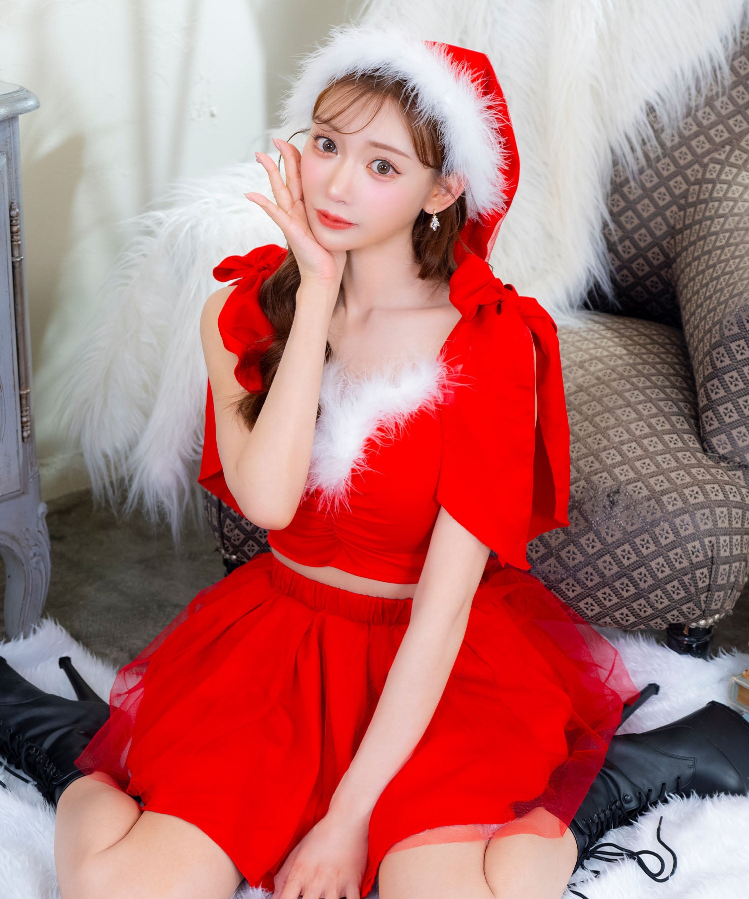 ティカ Tika サンタコス 3点set オフショルリボントップス×ボリュームシフォンフレアスカートガーリーサンタコスプレドレス【返品不可商品】