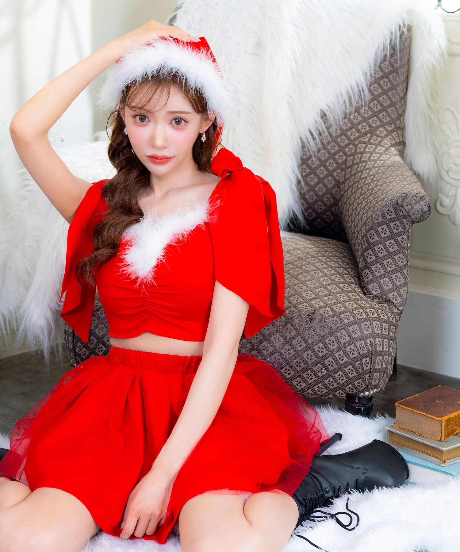 ティカ Tika サンタコス 3点set オフショルリボントップス×ボリュームシフォンフレアスカートガーリーサンタコスプレドレス【返品不可商品】