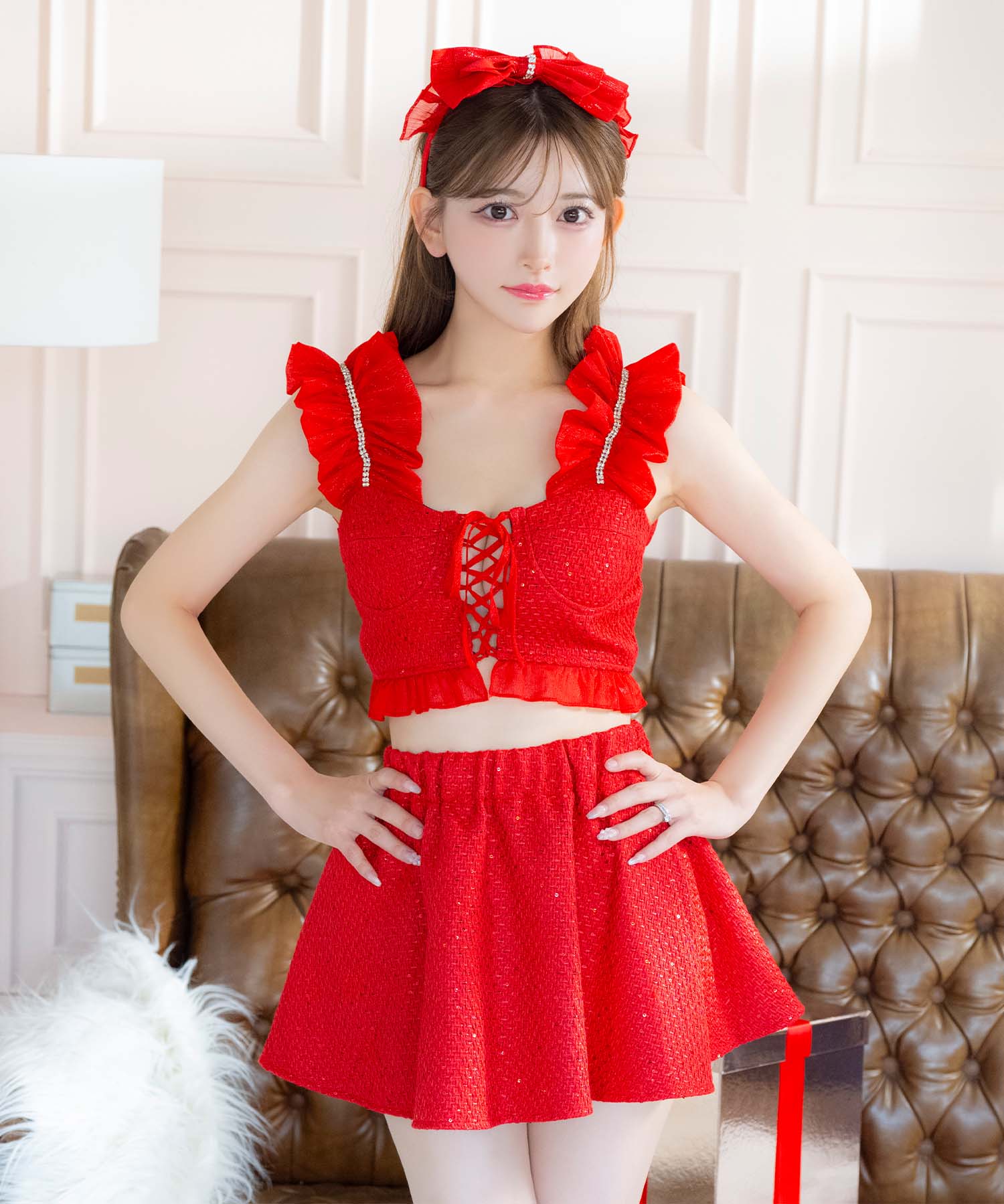 Tika Santa Cos 3-piece set Frill shoulder bust lace-up design tweed glitter separate flare skirt Santa cosplay dress 【Non-returnable item】