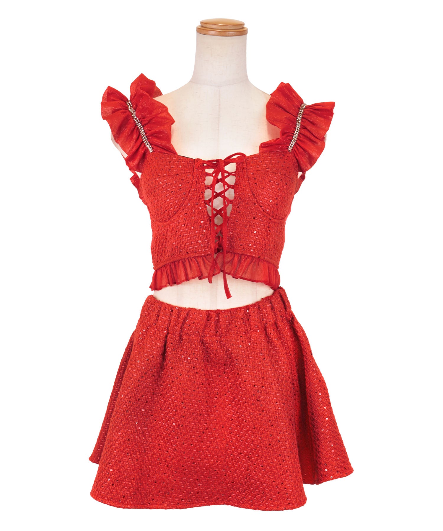 Tika Santa Cos 3-piece set Frill shoulder bust lace-up design tweed glitter separate flare skirt Santa cosplay dress 【Non-returnable item】