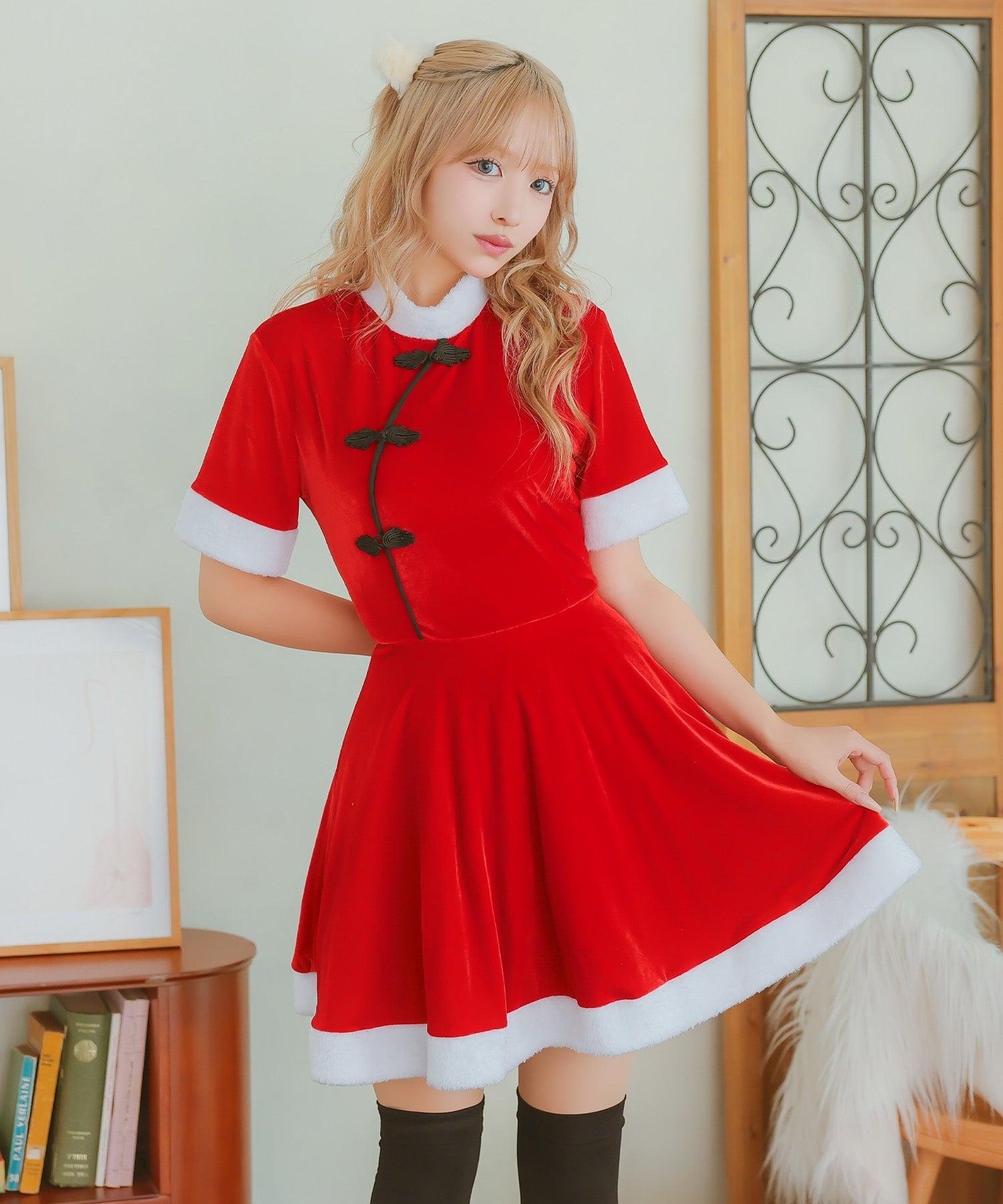 Tika Santa Cos 2-piece set China design flare skirt girly Santa twin cosplay [ワンピース＋ポンポン]