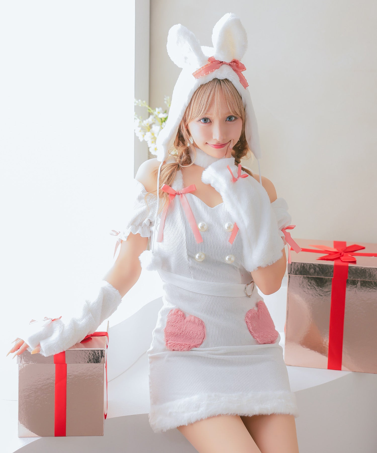 ティカ Tika サンタコス 5点set ハートモチーフもこもこガーリーリボンラブリーホワイトバニーアニマルサンタコスプレ