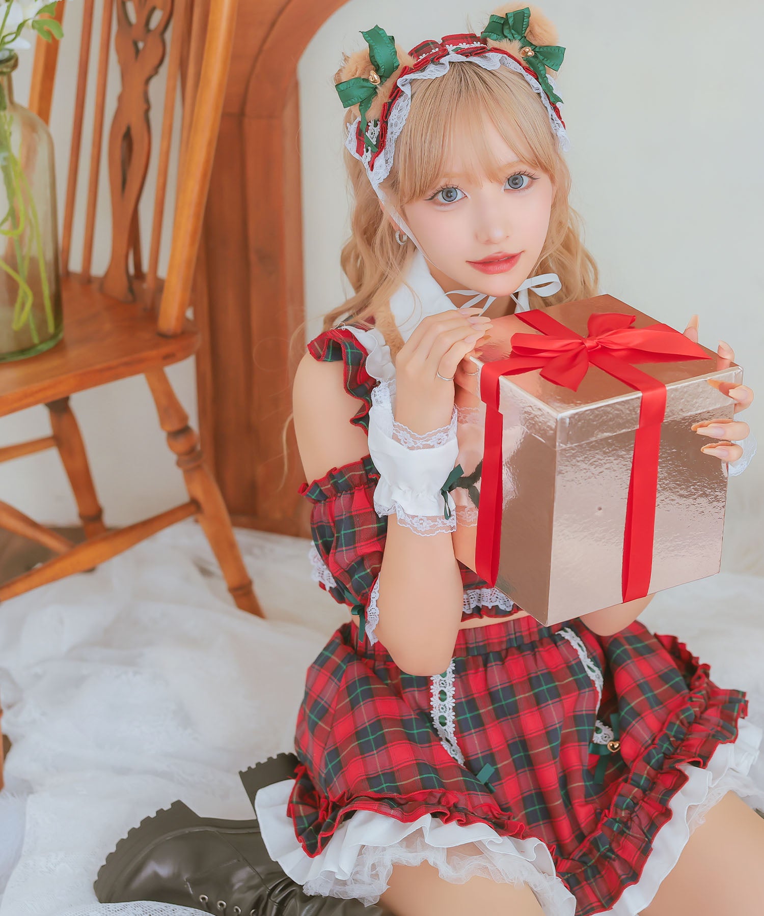 ティカ Tika サンタコス 5点set クラシカルチェックレースフリルテディベアフレアスカートアニマルサンタコスプレ