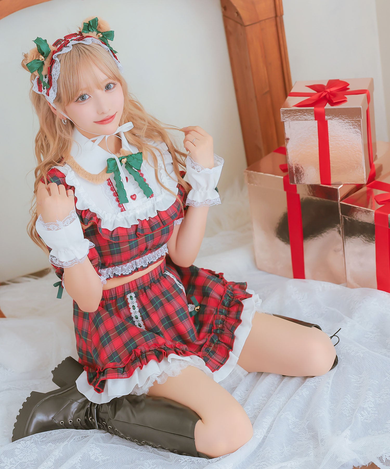 ティカ Tika サンタコス 5点set クラシカルチェックレースフリルテディベアフレアスカートアニマルサンタコスプレ