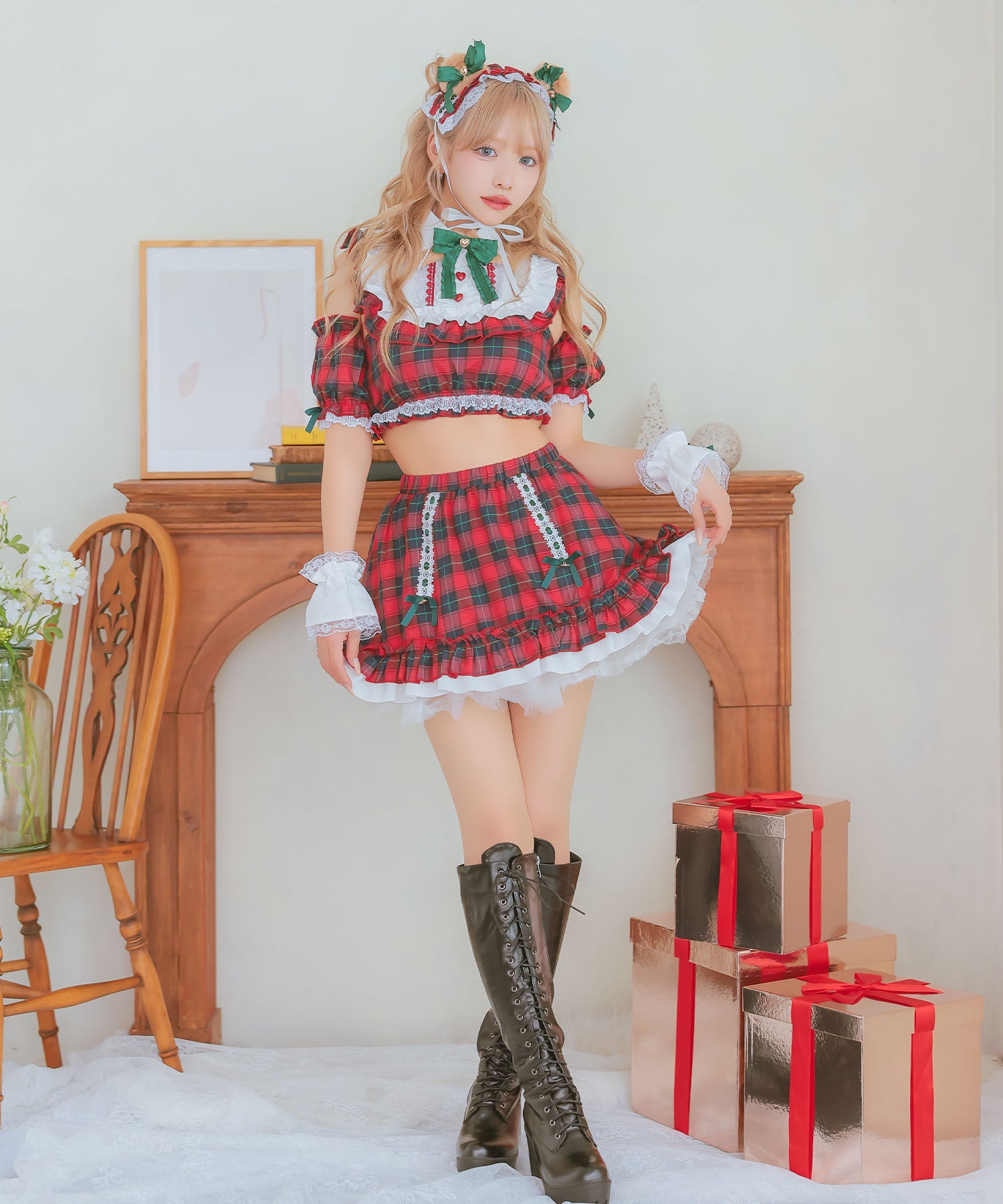 ティカ Tika サンタコス 5点set クラシカルチェックレースフリルテディベアフレアスカートアニマルサンタコスプレ