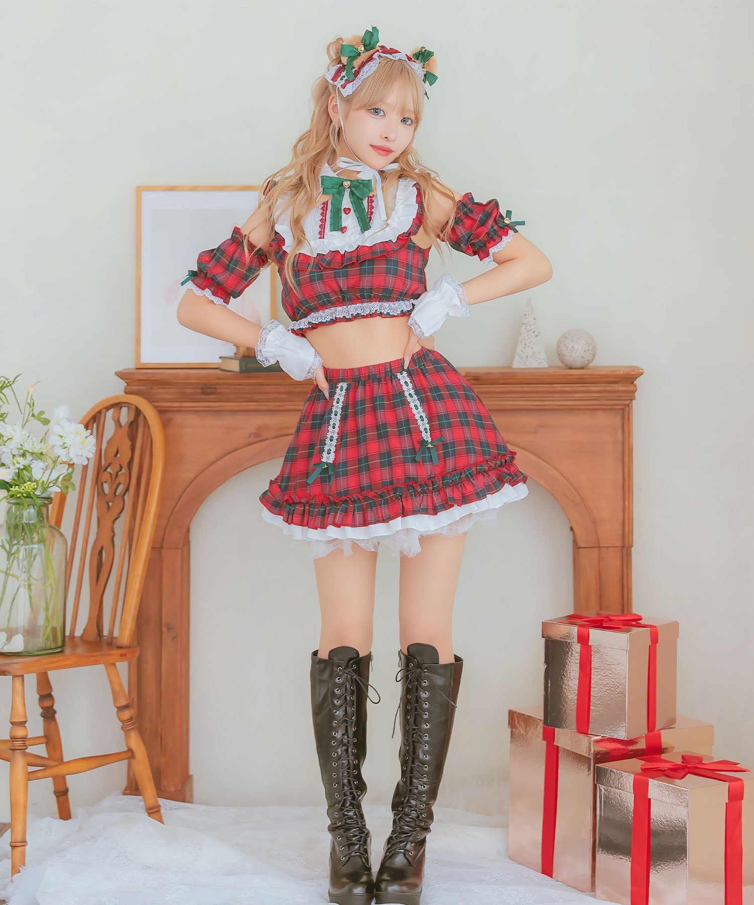 ティカ Tika サンタコス 5点set クラシカルチェックレースフリルテディベアフレアスカートアニマルサンタコスプレ