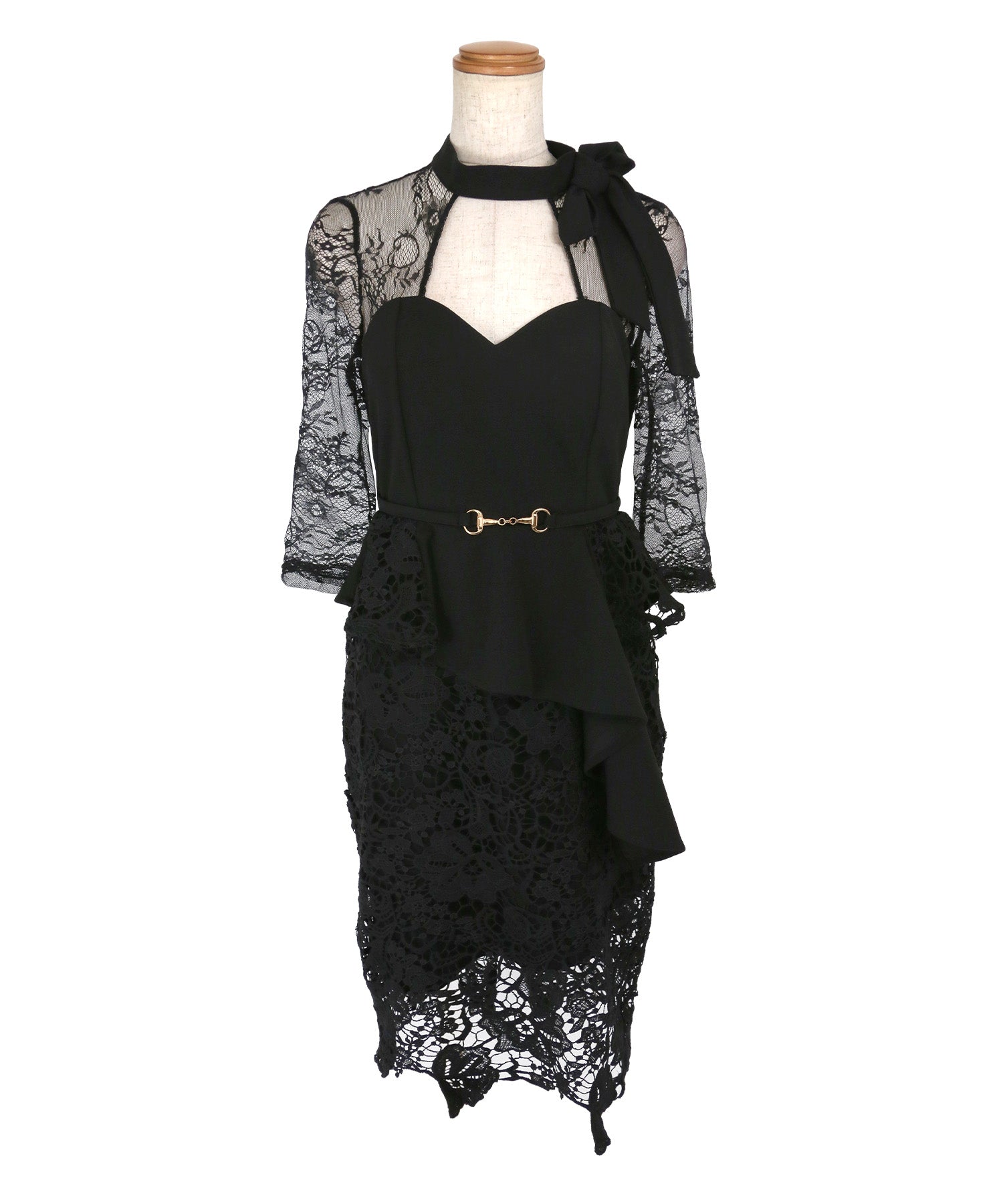 Tika Cabaret Dress with Sleeves, Bust Cut-Out, Peplum Neck, Ribbon, Asymmetrical Ruffles, Belt, Chemical Lace, Knee-Length Tight Dress