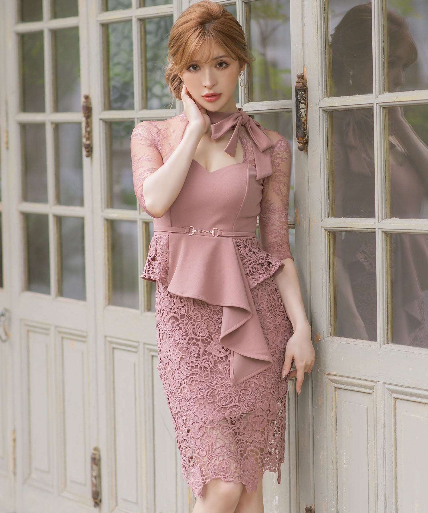 Tika Cabaret Dress with Sleeves, Bust Cut-Out, Peplum Neck, Ribbon, Asymmetrical Ruffles, Belt, Chemical Lace, Knee-Length Tight Dress