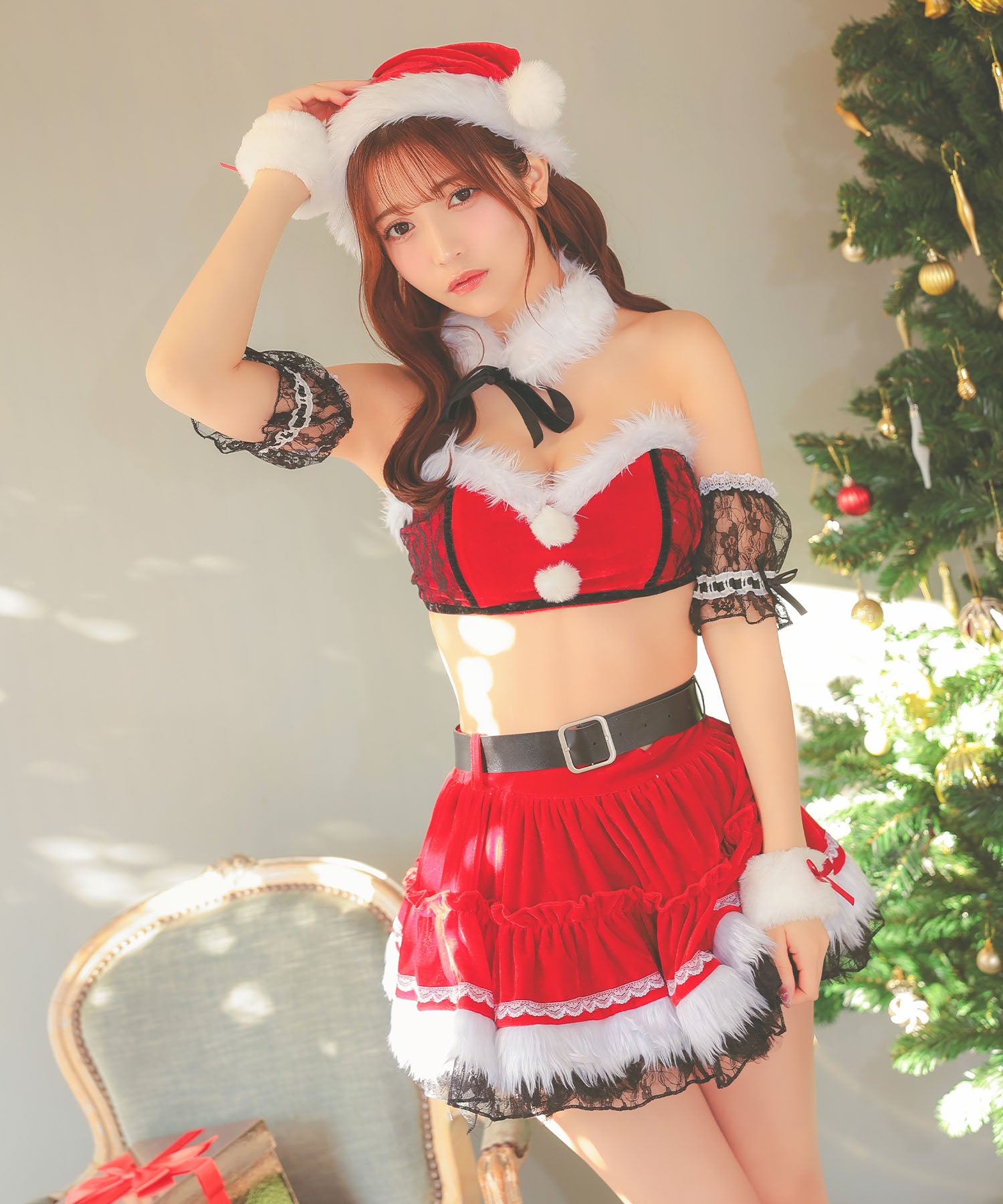 ティカ Tika サンタコス 7点set へそ出しオフショルセパレートボリュームフリルフレアスカートサンタコスプレ