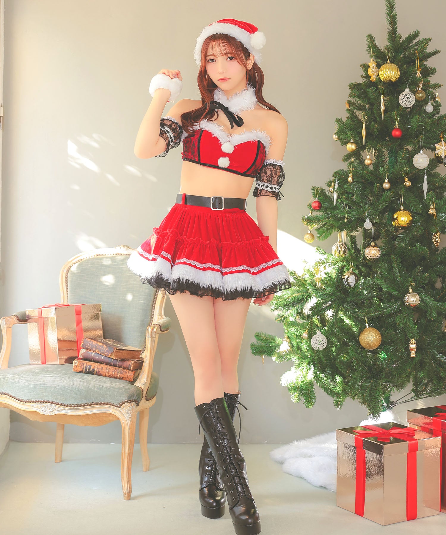 ティカ Tika サンタコス 7点set へそ出しオフショルセパレートボリュームフリルフレアスカートサンタコスプレ