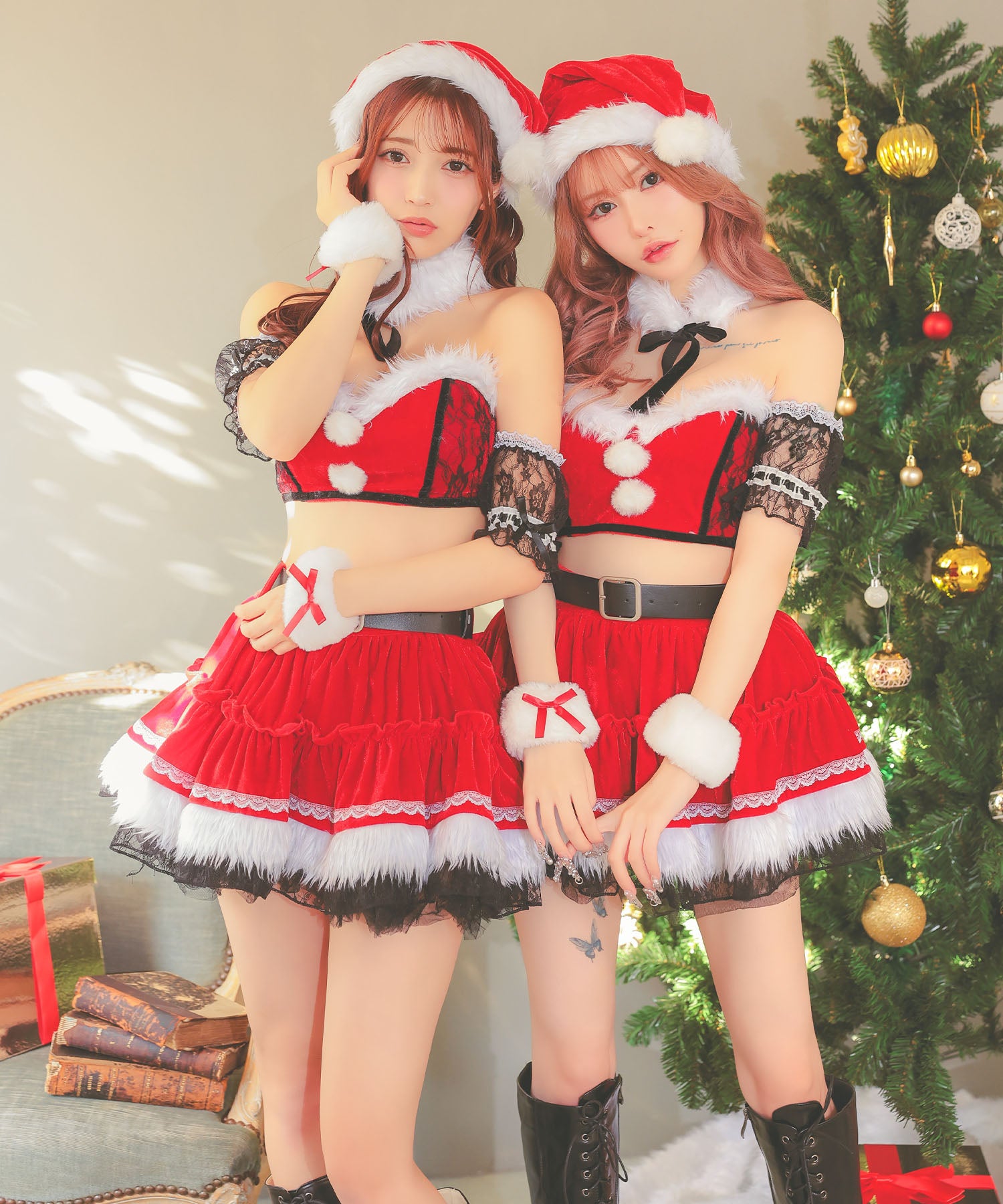 ティカ Tika サンタコス 7点set へそ出しオフショルセパレートボリュームフリルフレアスカートサンタコスプレ