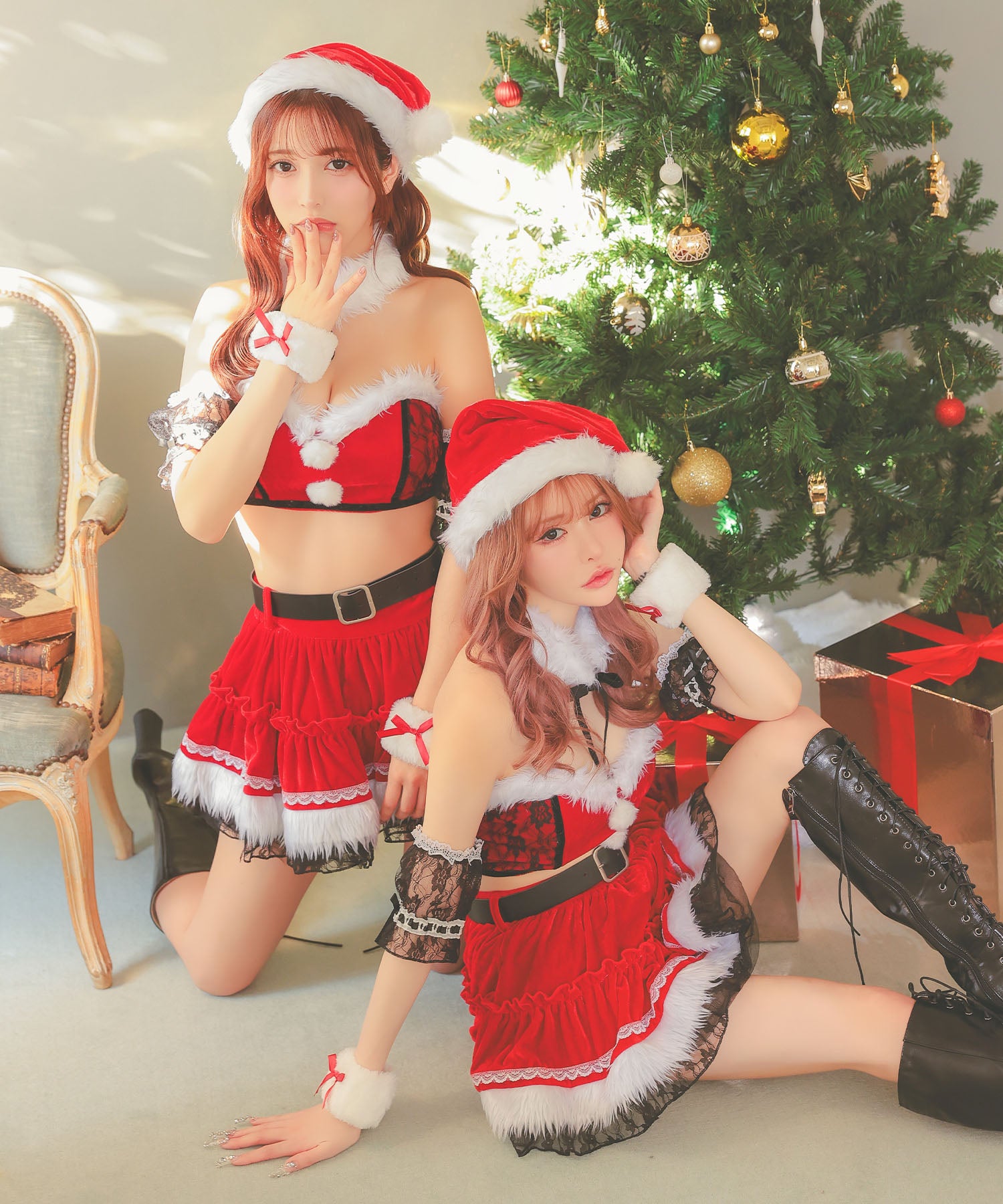 ティカ Tika サンタコス 7点set へそ出しオフショルセパレートボリュームフリルフレアスカートサンタコスプレ