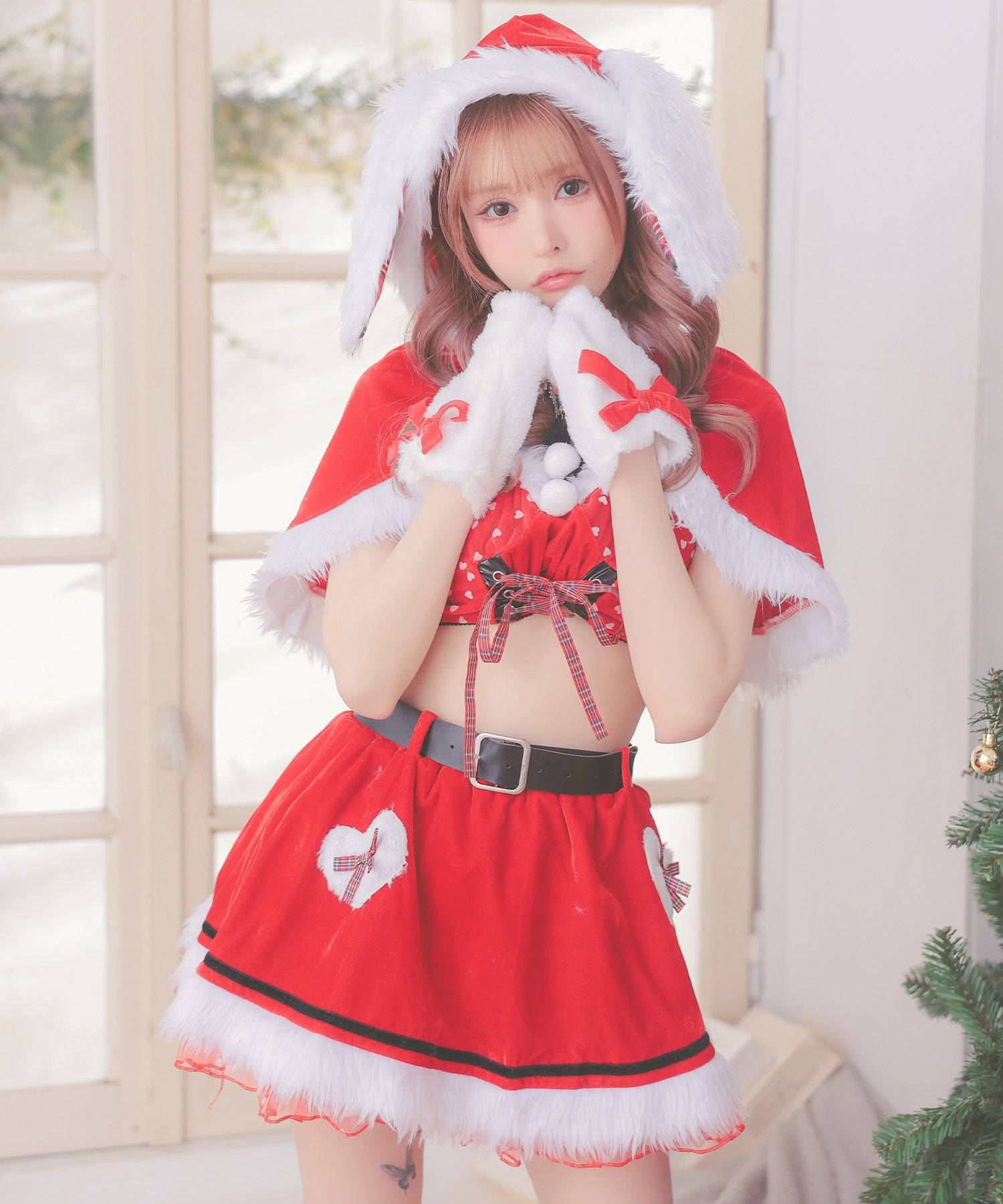 Tika Santa Cosplay 5-piece set with cape, lovely ribbon flared skirt, tartan check, droopy ear bunny animal Santa costume