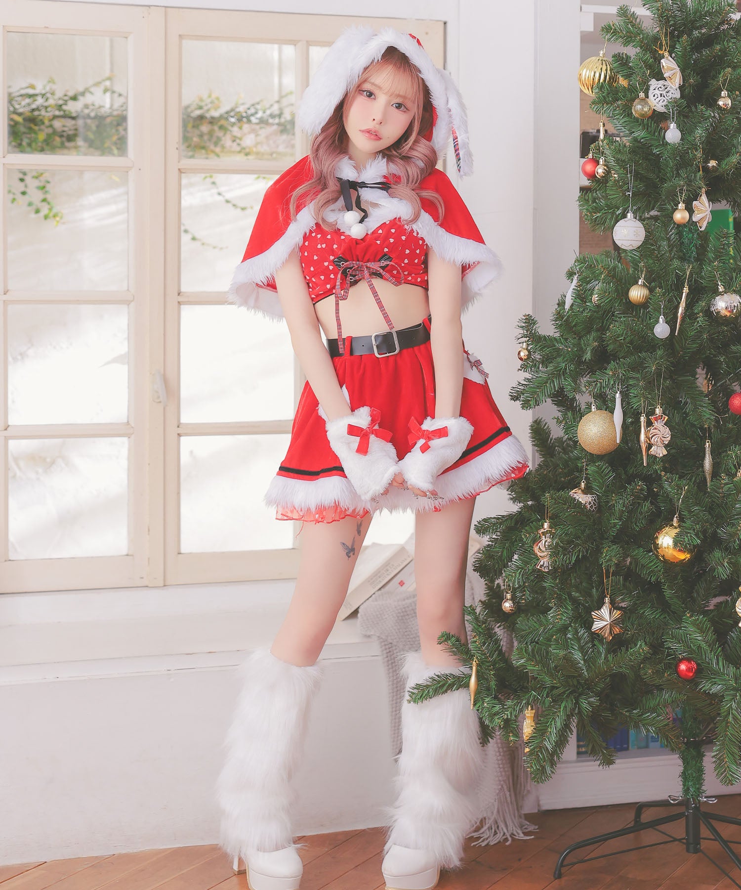 ティカ Tika サンタコス 5点set ケープ付きラブリーリボンフレアスカートタータンチェック垂れ耳バニーアニマルサンタコスプレ
