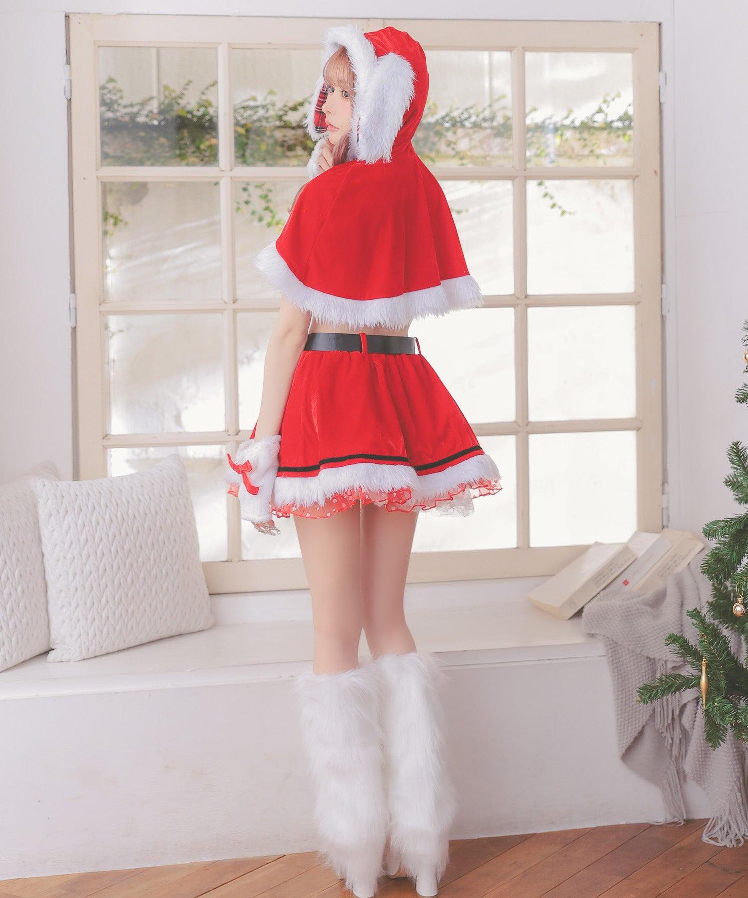 Tika Santa Cosplay 5-piece set with cape, lovely ribbon flared skirt, tartan check, droopy ear bunny animal Santa costume