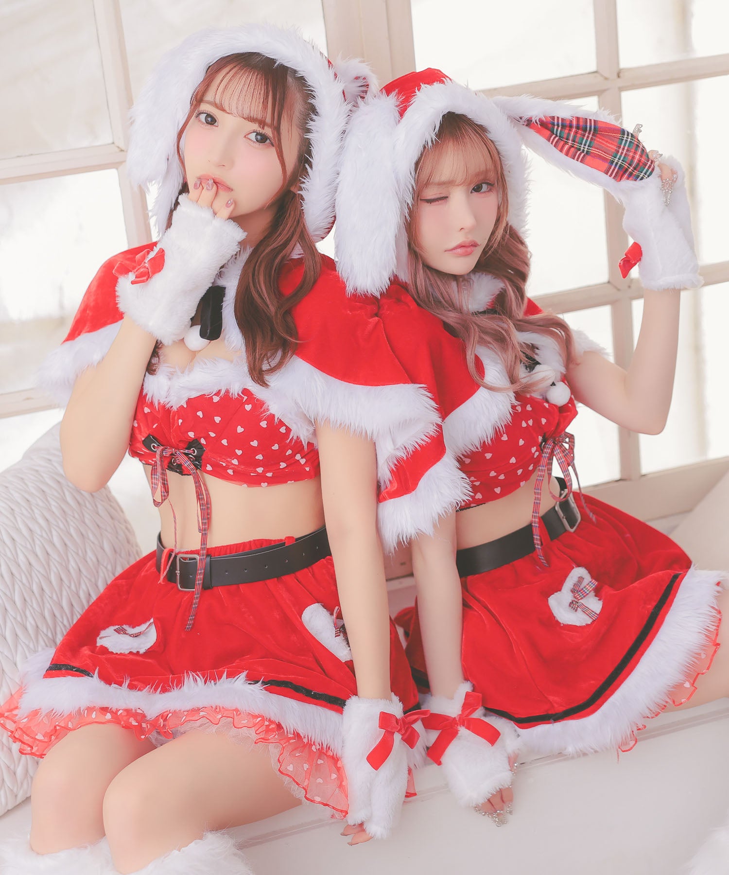 Tika Santa Cosplay 5-piece set with cape, lovely ribbon flared skirt, tartan check, droopy ear bunny animal Santa costume