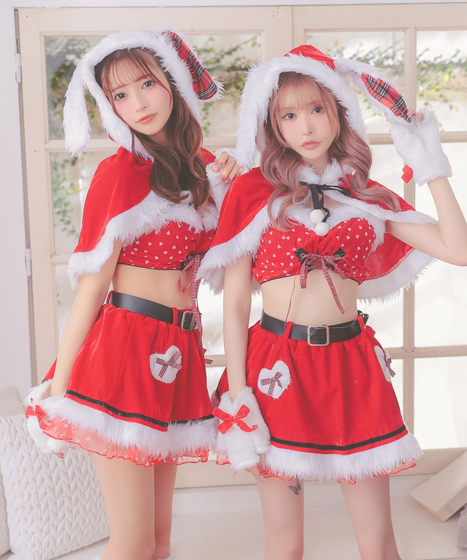Tika Santa Cosplay 5-piece set with cape, lovely ribbon flared skirt, tartan check, droopy ear bunny animal Santa costume