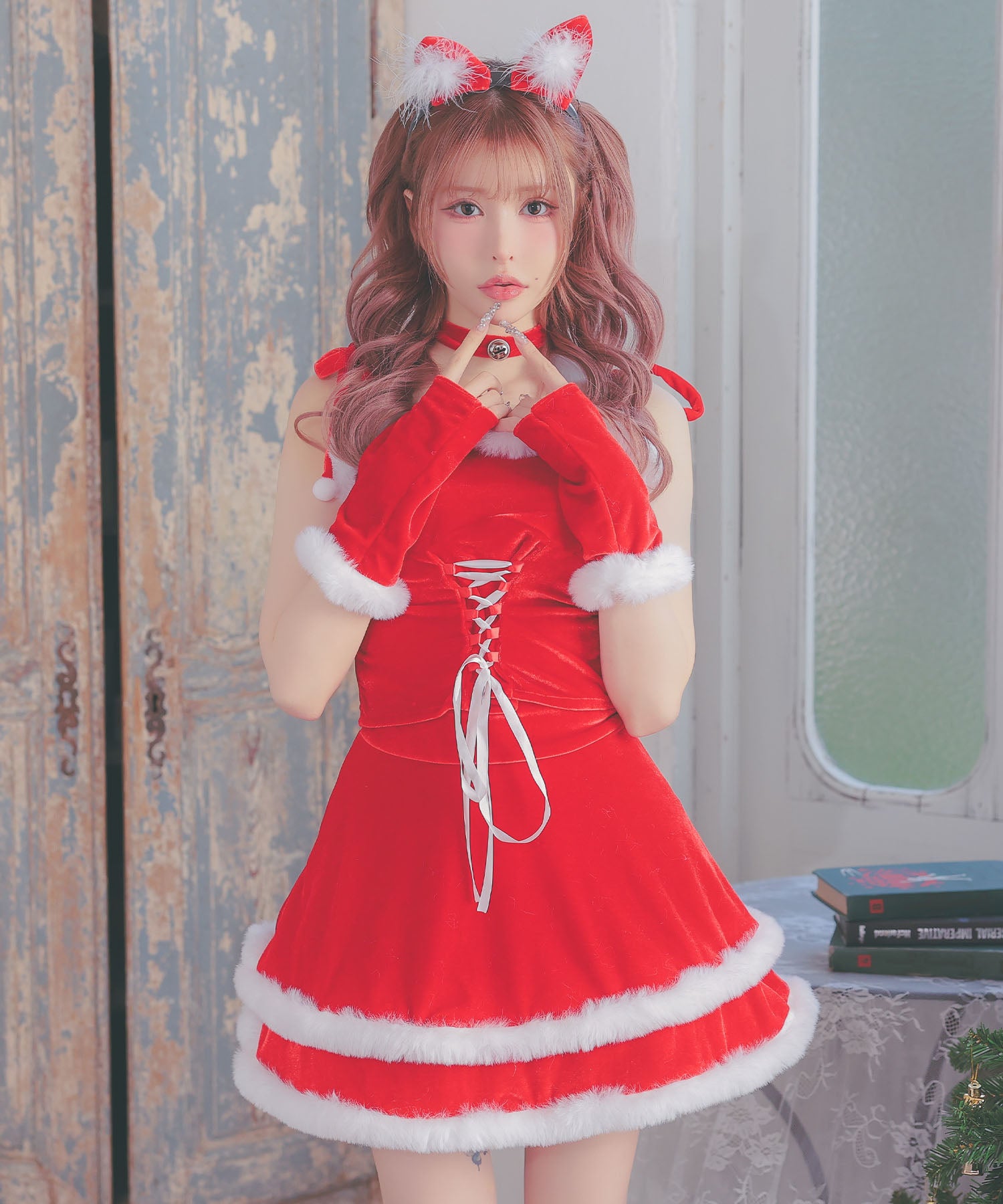 ティカ Tika サンタコス 5点set ショルダーリボンレースアップセットアップ二段フレアスカートガーリーツイン猫アニマルサンタコスプレドレス