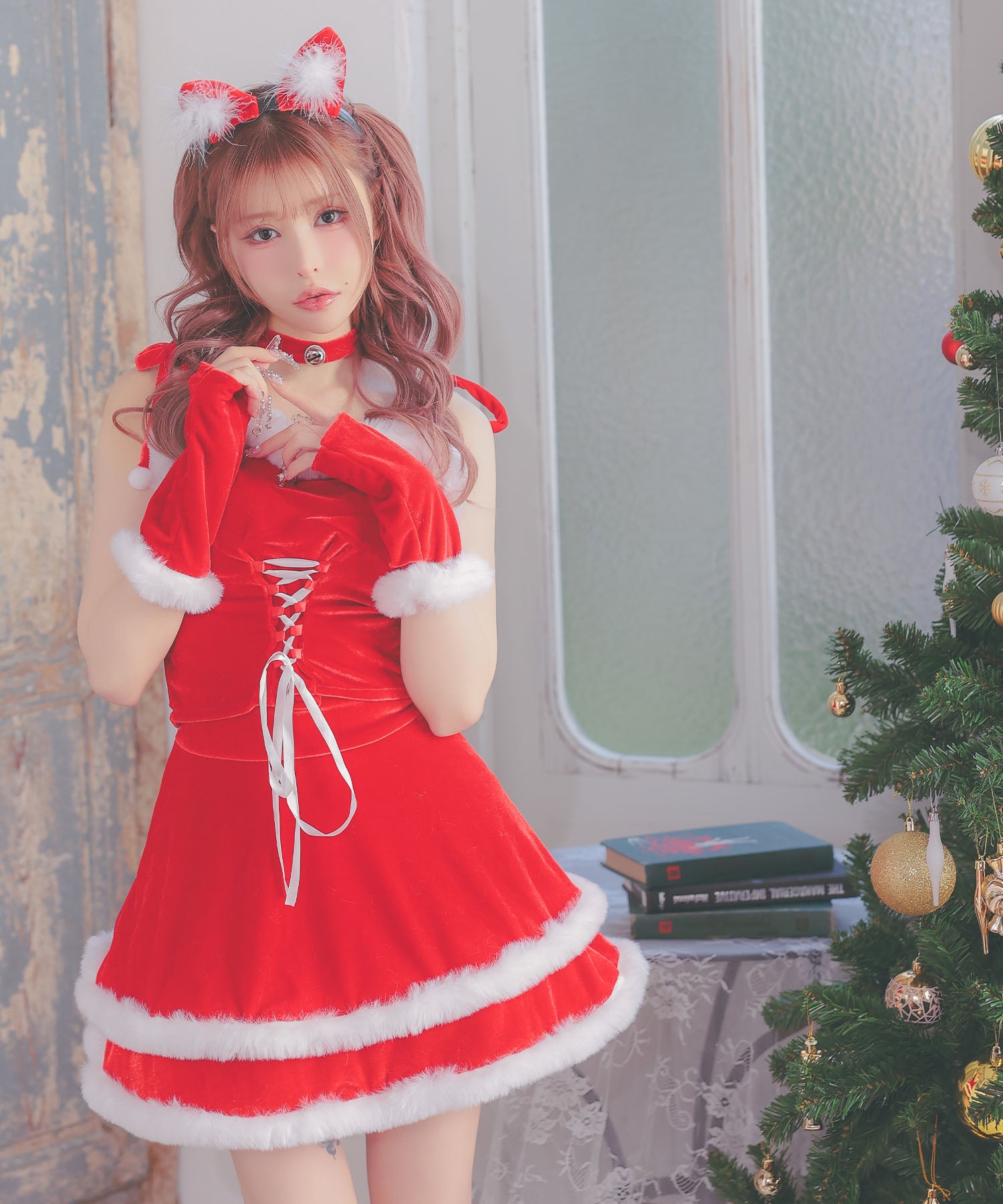 ティカ Tika サンタコス 5点set ショルダーリボンレースアップセットアップ二段フレアスカートガーリーツイン猫アニマルサンタコスプレドレス