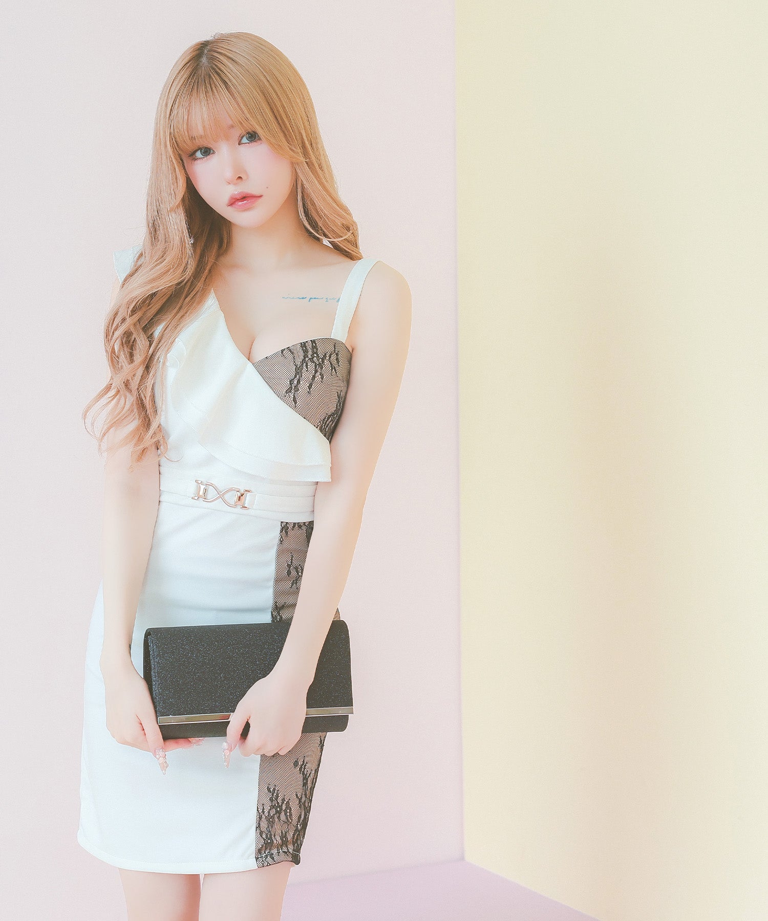 Tika Cabaret Dress Nudie Black Flower Lace Switch One-Shoulder Style Large Frill Waist Belt Stretch Tight Mini Dress