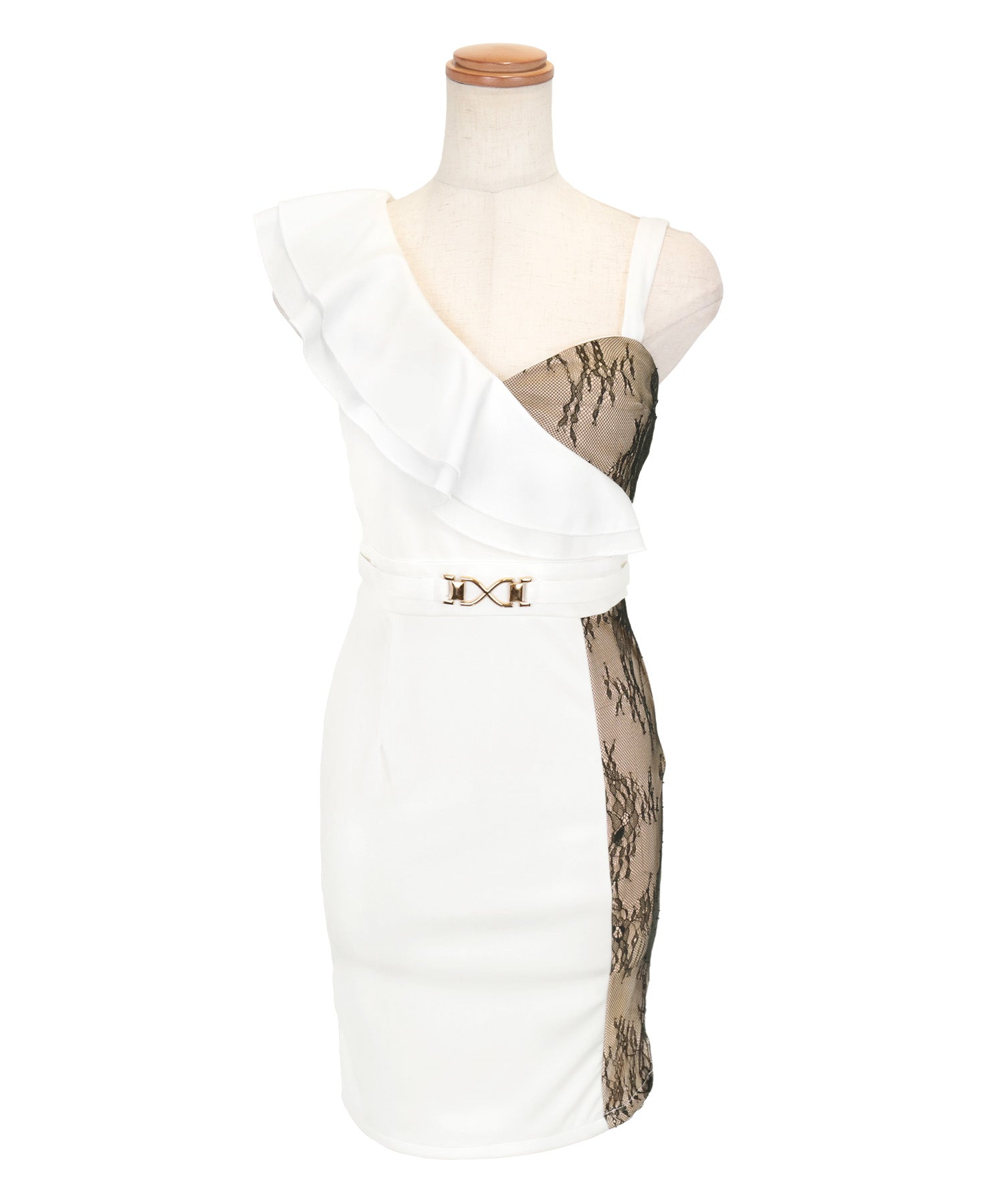 Tika Cabaret Dress Nudie Black Flower Lace Switch One-Shoulder Style Large Frill Waist Belt Stretch Tight Mini Dress