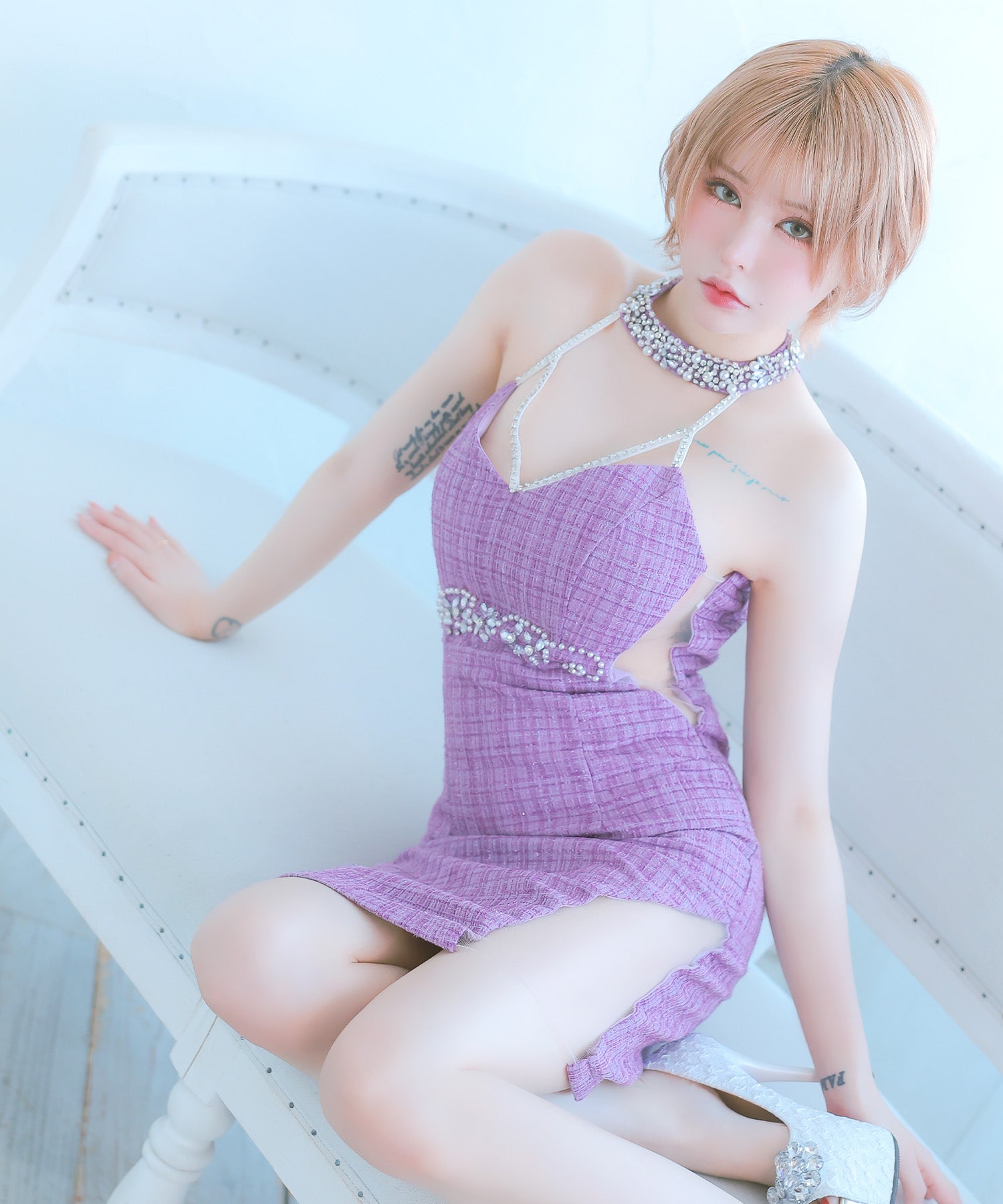 Tika Cabaret Dress Bejeweled Halter Neck Waist-Cinching Tweed Tight Mini Dress (Size S to L)