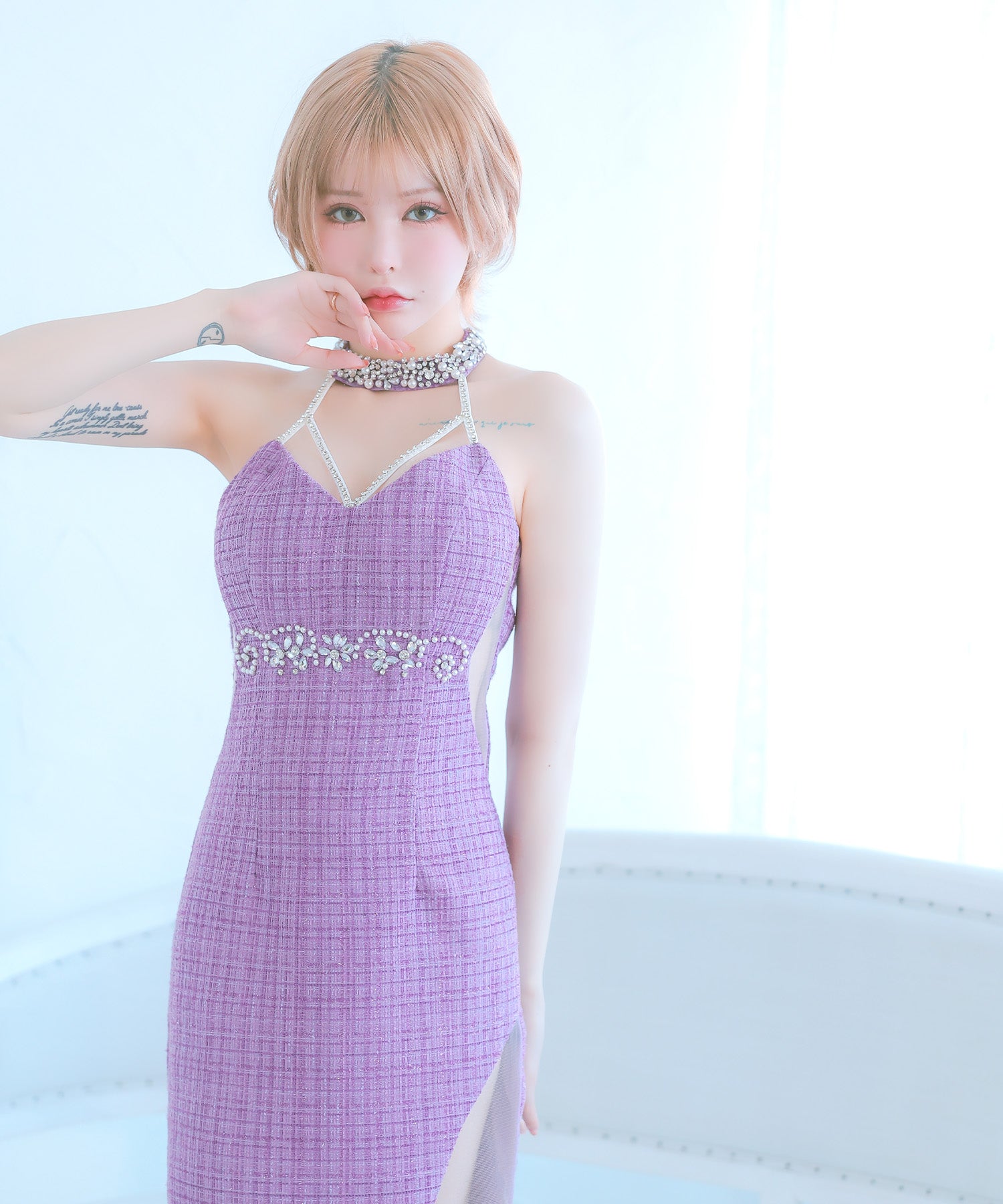 Tika Cabaret Dress Bejeweled Halter Neck Waist-Cinching Tweed Tight Mini Dress (Size S to L)