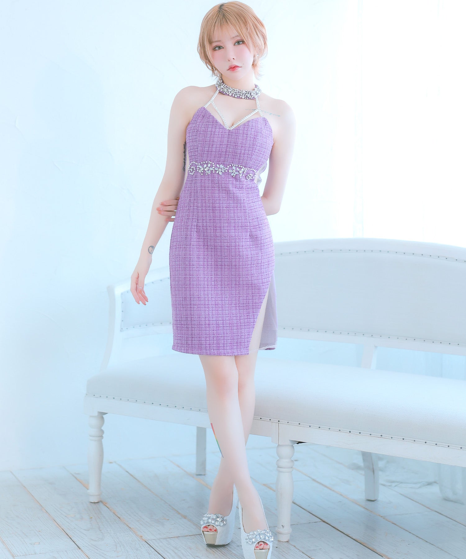 Tika Cabaret Dress Bejeweled Halter Neck Waist-Cinching Tweed Tight Mini Dress (Size S to L)
