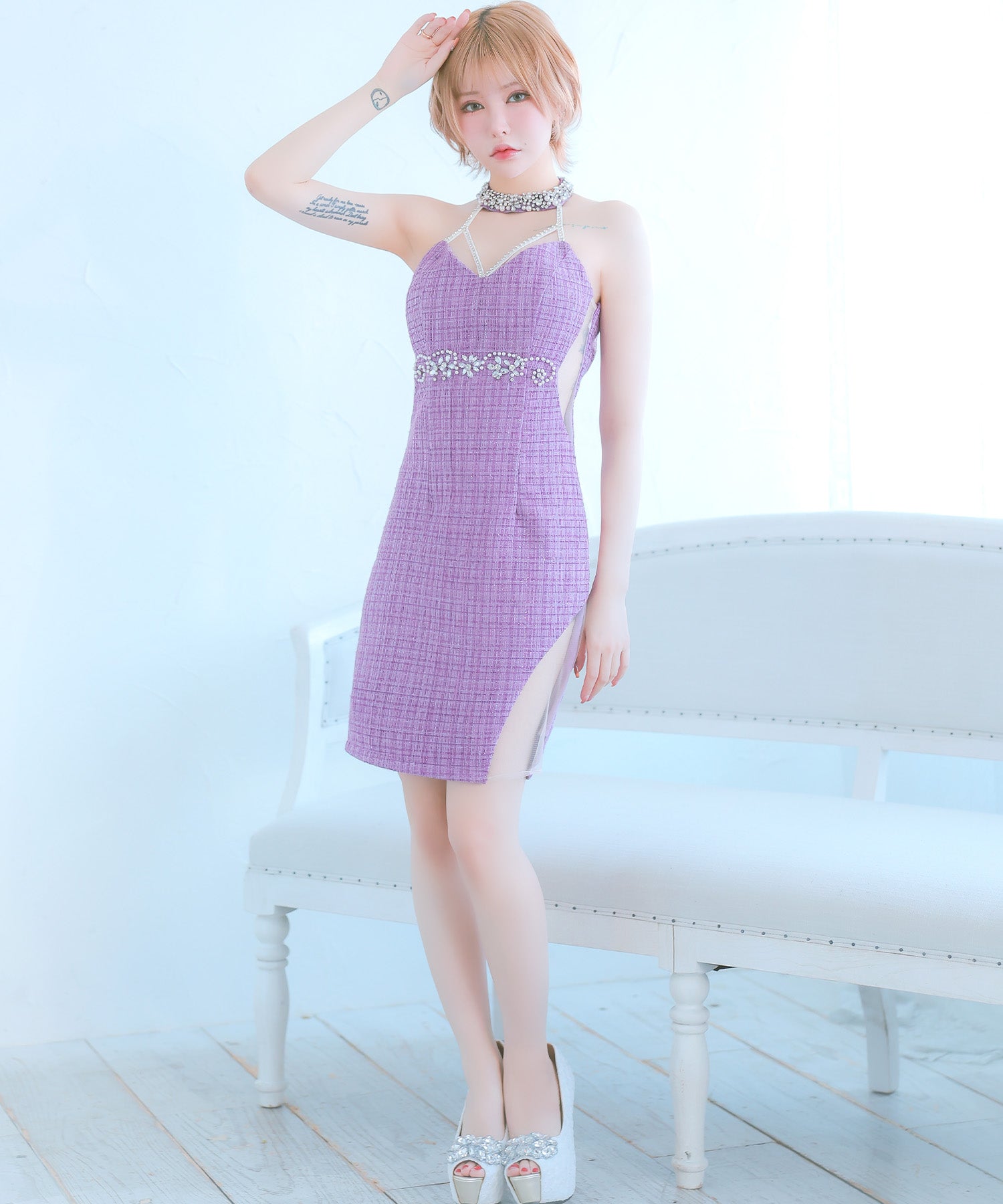 Tika Cabaret Dress Bejeweled Halter Neck Waist-Cinching Tweed Tight Mini Dress (Size S to L)