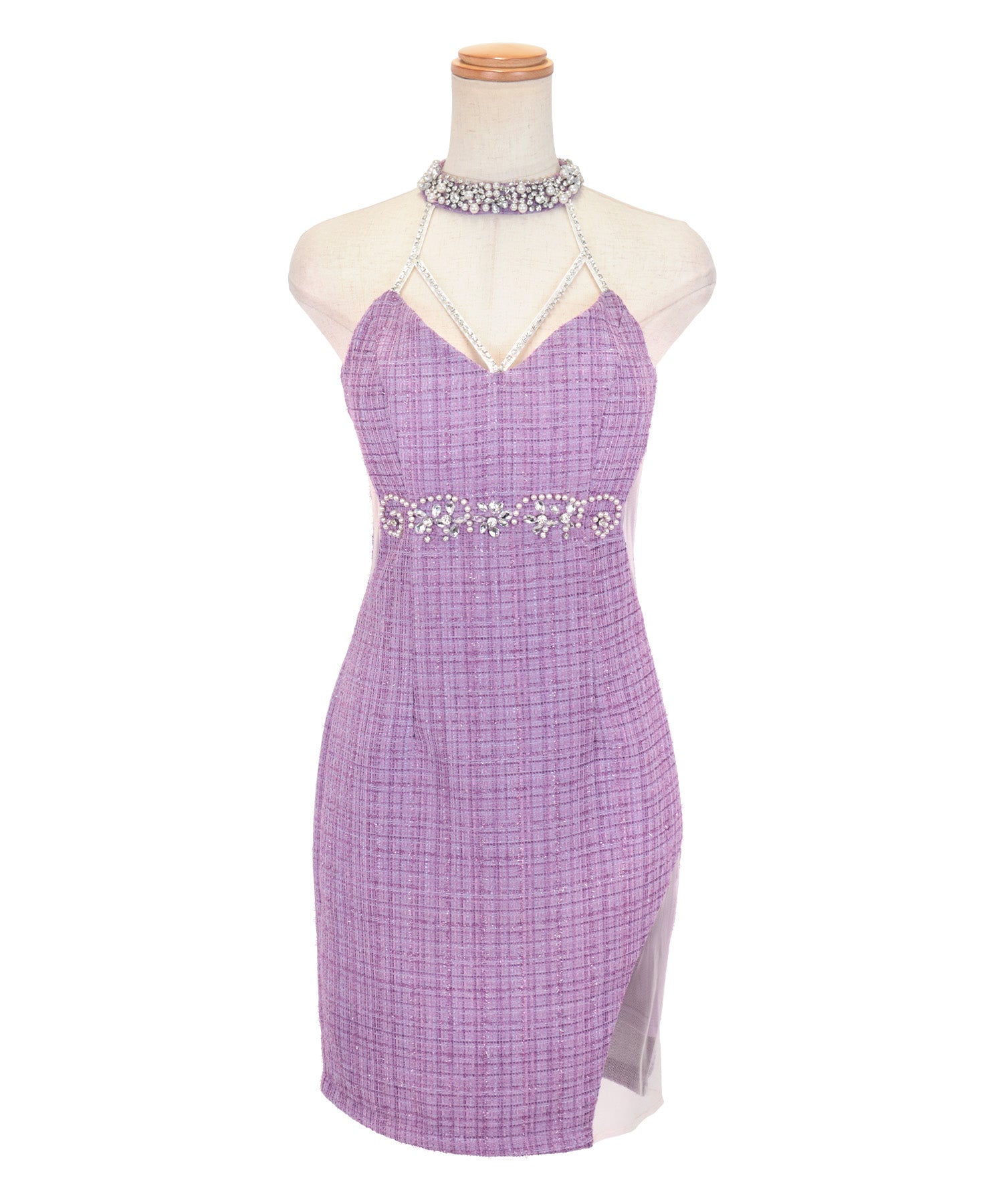 Tika Cabaret Dress Bejeweled Halter Neck Waist-Cinching Tweed Tight Mini Dress (Size S to L)