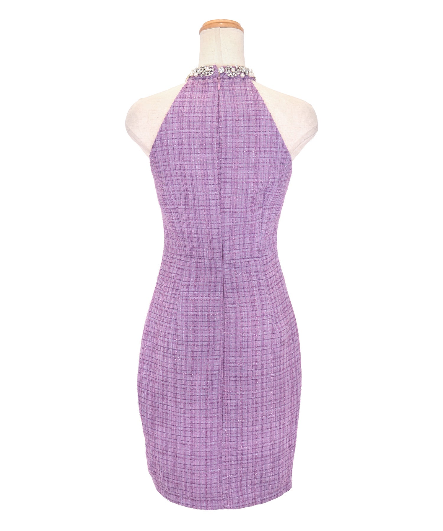Tika Cabaret Dress Bejeweled Halter Neck Waist-Cinching Tweed Tight Mini Dress (Size S to L)