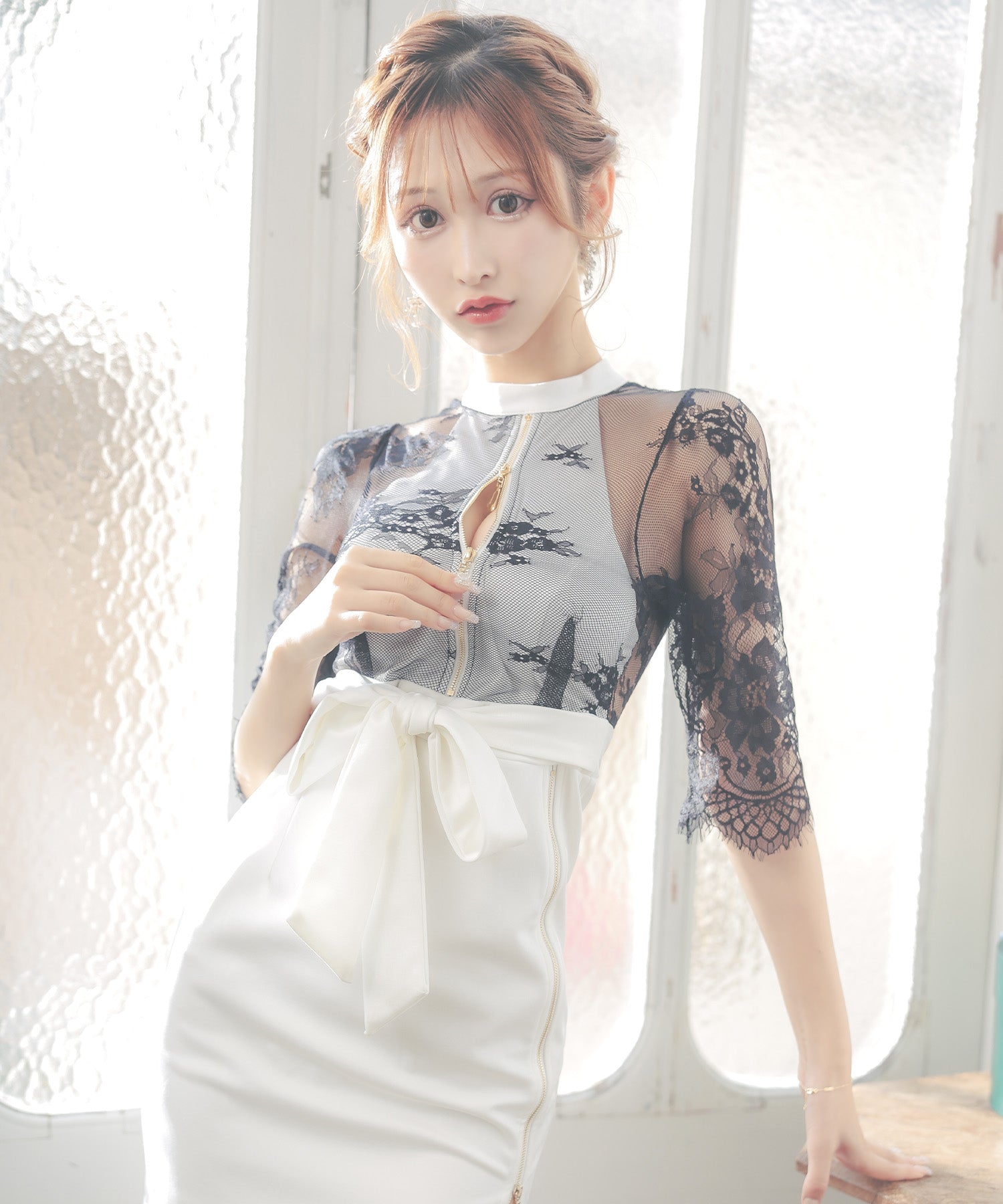 Tika Cabaret Dress Long Sleeve Elegant Black Lace High Waist Ribbon Switch Zip Tight Mini Dress