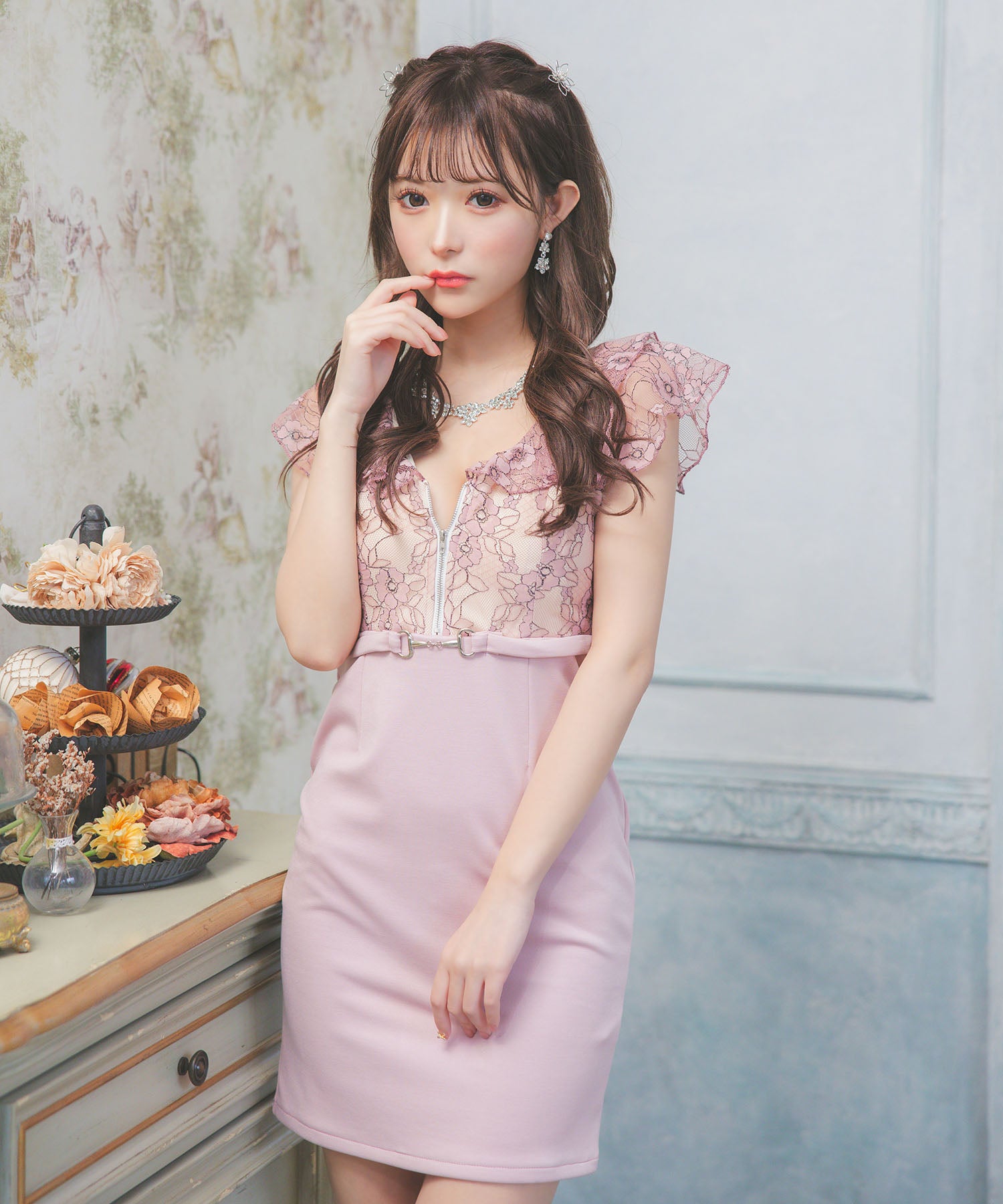 Tika Cabaret Dress Short Sleeve Ruffle Sleeve Flower Lace Bust Zip Waist Belt Switch Tight Mini Dress