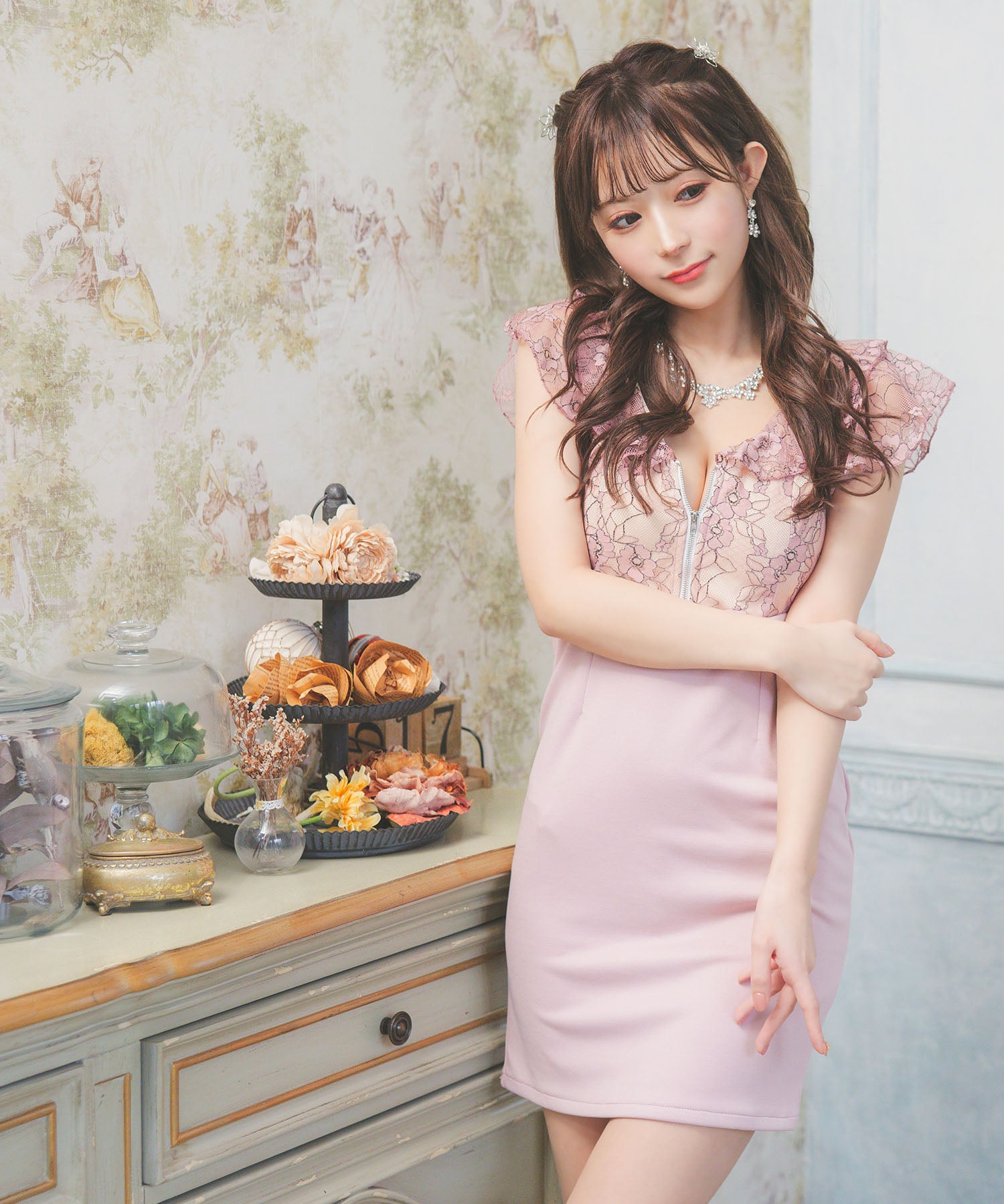Tika Cabaret Dress Short Sleeve Ruffle Sleeve Flower Lace Bust Zip Waist Belt Switch Tight Mini Dress