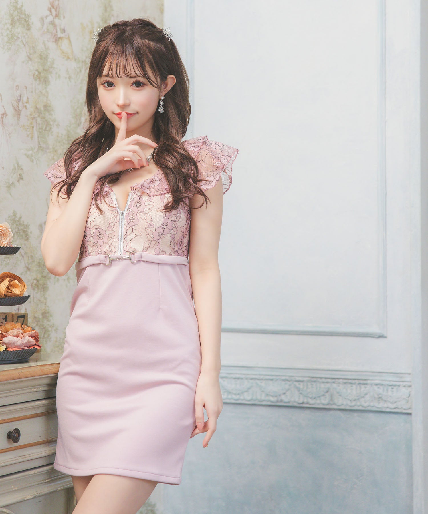 Tika Cabaret Dress Short Sleeve Ruffle Sleeve Flower Lace Bust Zip Waist Belt Switch Tight Mini Dress