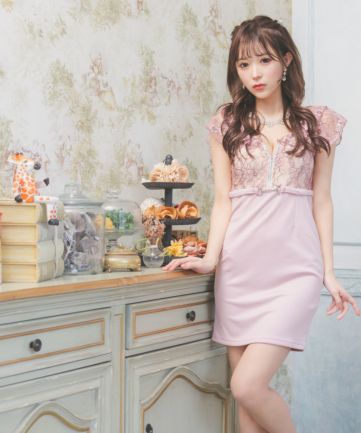 Tika Cabaret Dress Short Sleeve Ruffle Sleeve Flower Lace Bust Zip Waist Belt Switch Tight Mini Dress